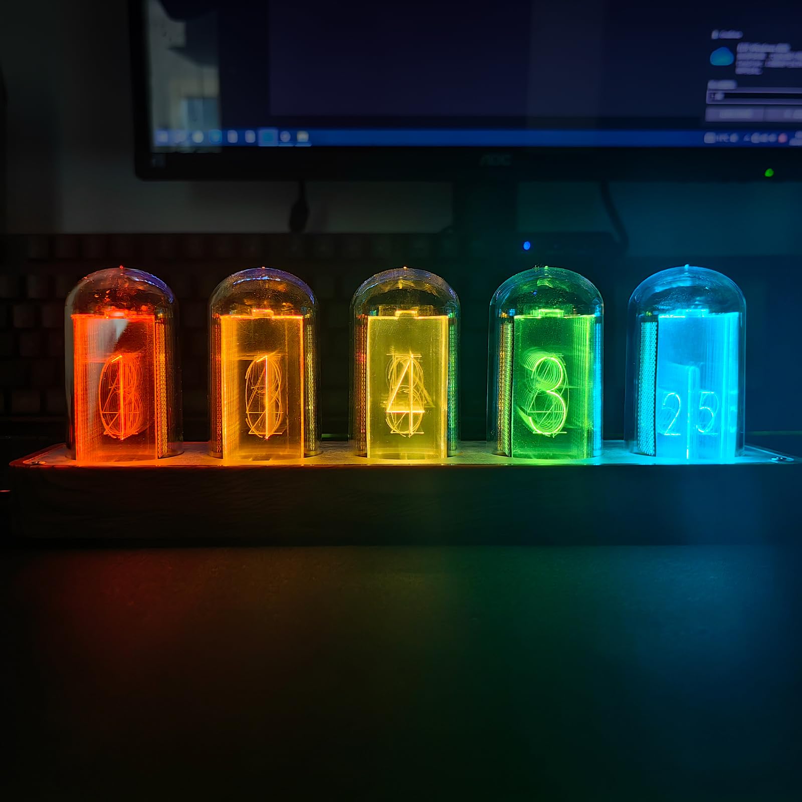 Nixie Tube Clock with Wi-Fi SYNC & Timer, Cyberpunk Alarm Clock 12/24H LED Display, Wooden Base Tube Clocks Glowing Modern Home Office Decor