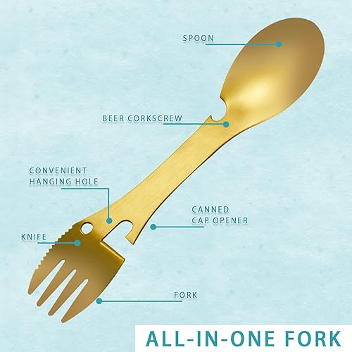 Miniatura 2 de Sporks 5 en 1 de acero inoxidable para campamento, cuchara y tenedor combinado con abrebotellas, utensilio de viaje multifuncional para mochileros
