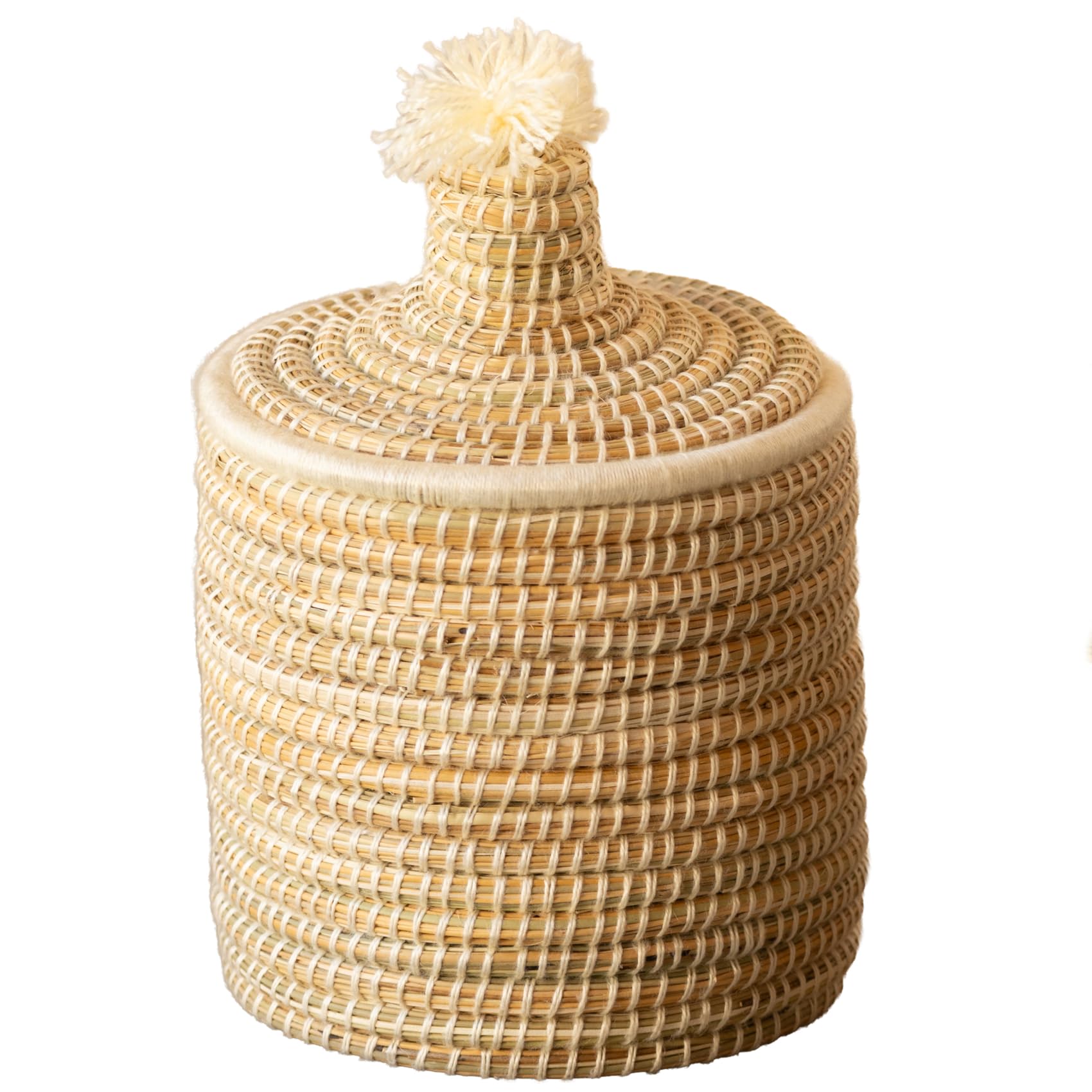 Homemaison - Panier avec Couvercle Laine - Rotin Naturel - Finitions en Laine Unies - Accessoire Déco Compact - Rangement Pratique - Ø 20 cm - 20 x 25 cm - Blanc