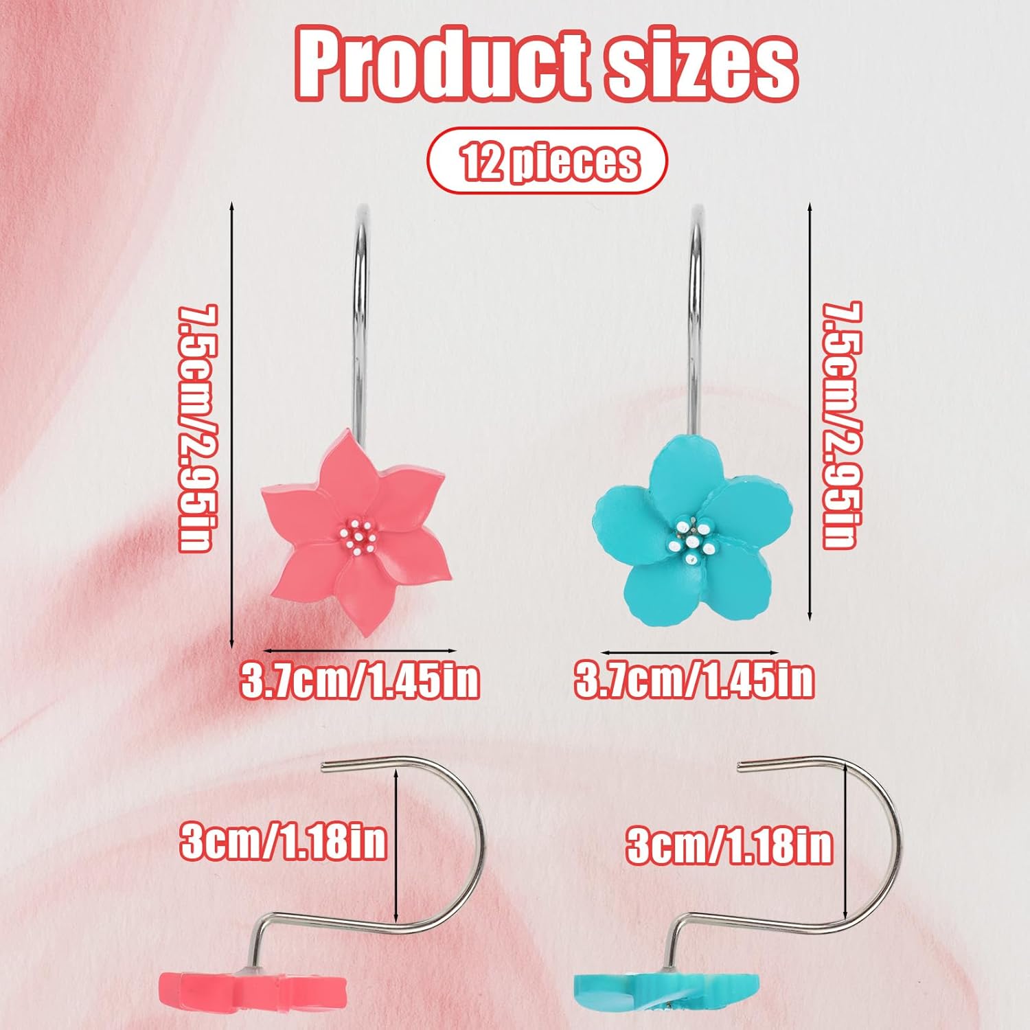 12pcs Flower Shower Curtain Hooks, Blue and Pink Decorative Vintage Bathroom Hangers Cute Metal Curtain Rings for Bathroom Baby Room Nursery Novelty Floral Art Boho Decor