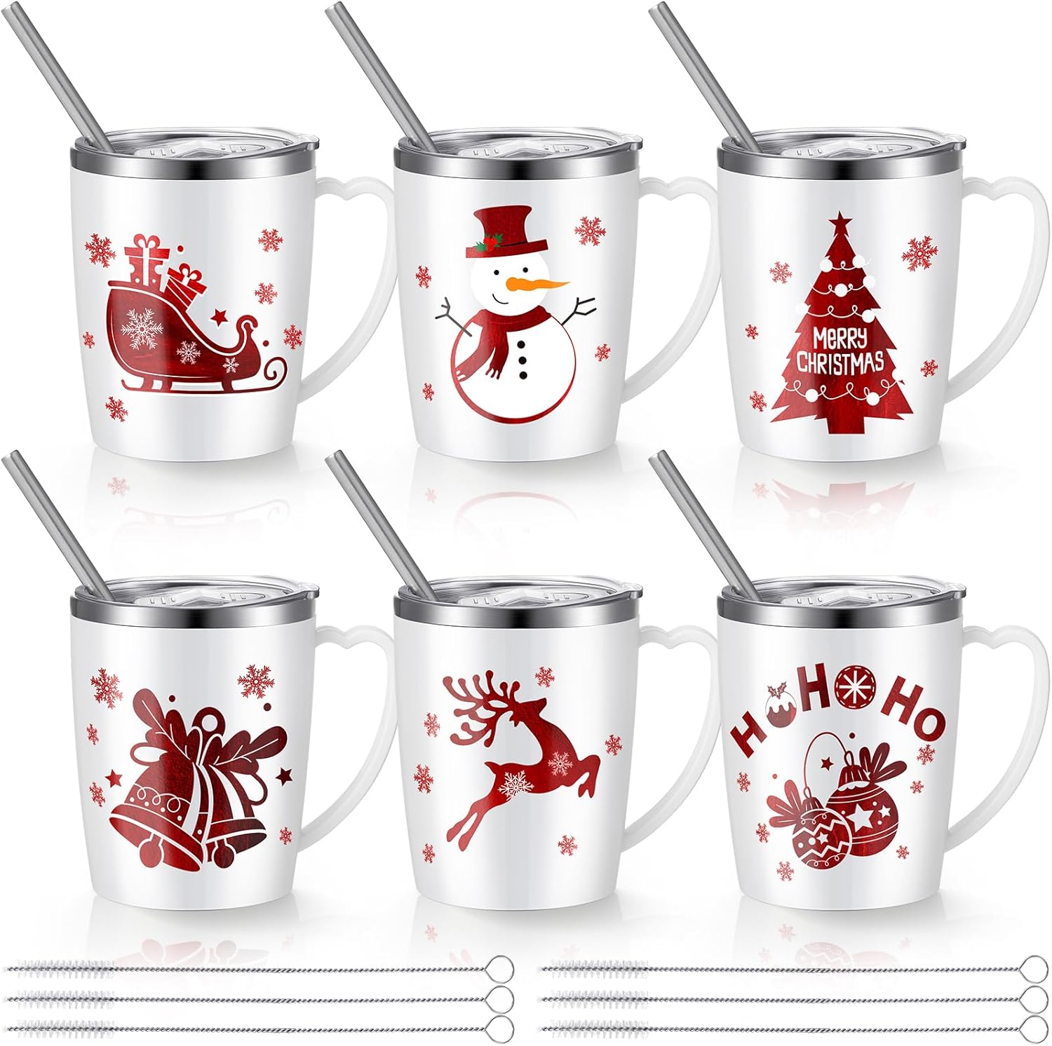 6 Pcs Christmas Coffee Mugs Cups 16 Oz Merry Christmas Stainless Steel Insulated Tumblers Set with Handle Lid Straw Brushes Xmas Red White Snowman Hohoho Mugs Gifts for Winter Holiday Party