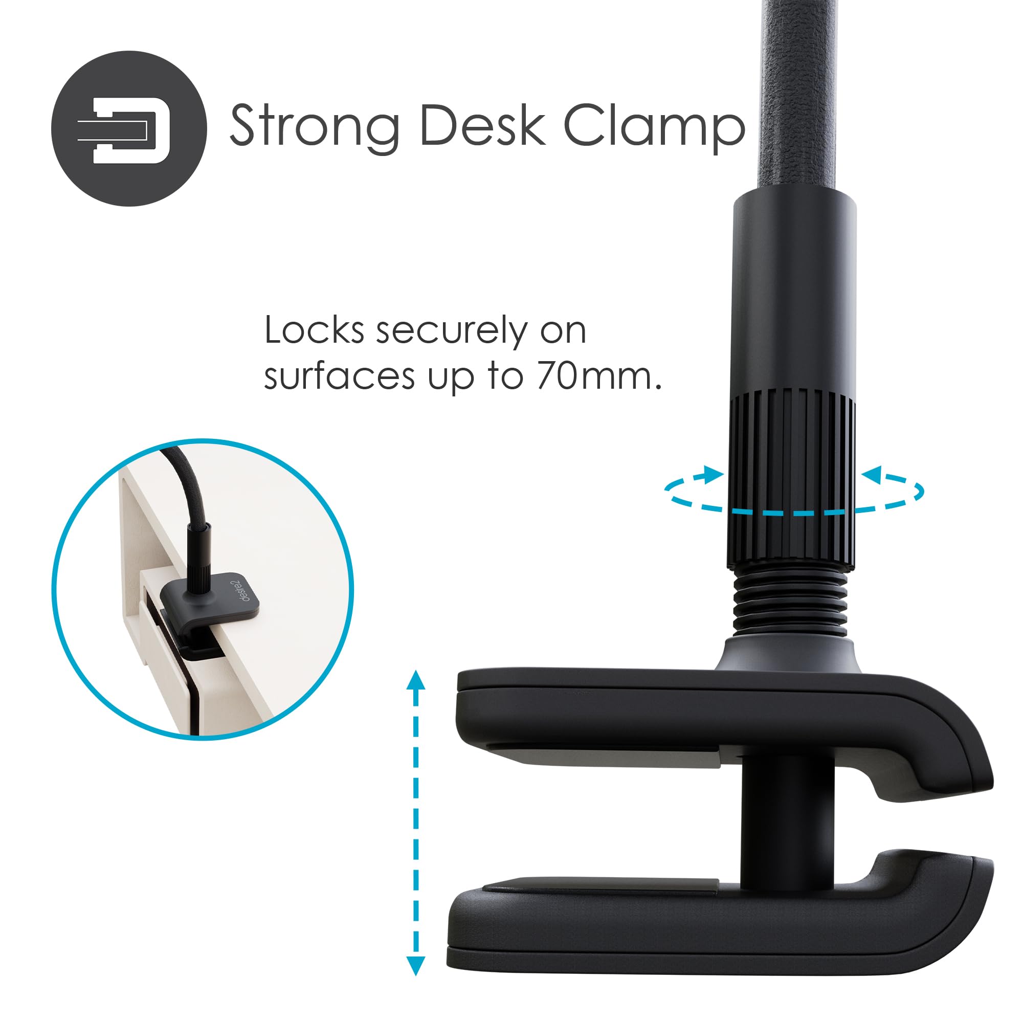 Desire2 Flow - Supporto per telefono e tablet a collo d'oca, braccio flessibile, mani libere, montaggio a morsetto