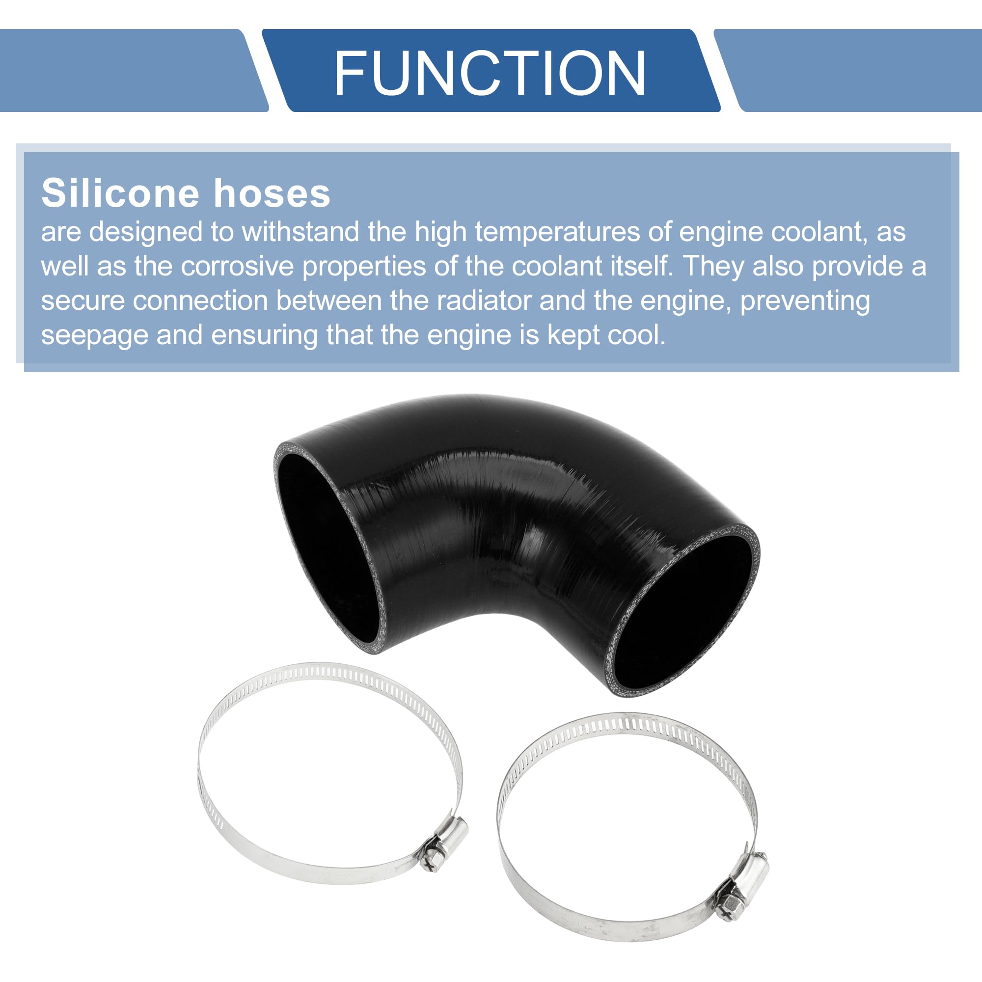 A ABSOPRO Tubo Refrigerante in Silicone Nero 1 Set Per Auto Universale | Dimensioni: 80-90mm ID, 102mm Lunghezza, 90°, Spessore 5mm. Include 2 Morsetti. Per Olio Motore, Liquido Freni, Antigelo.