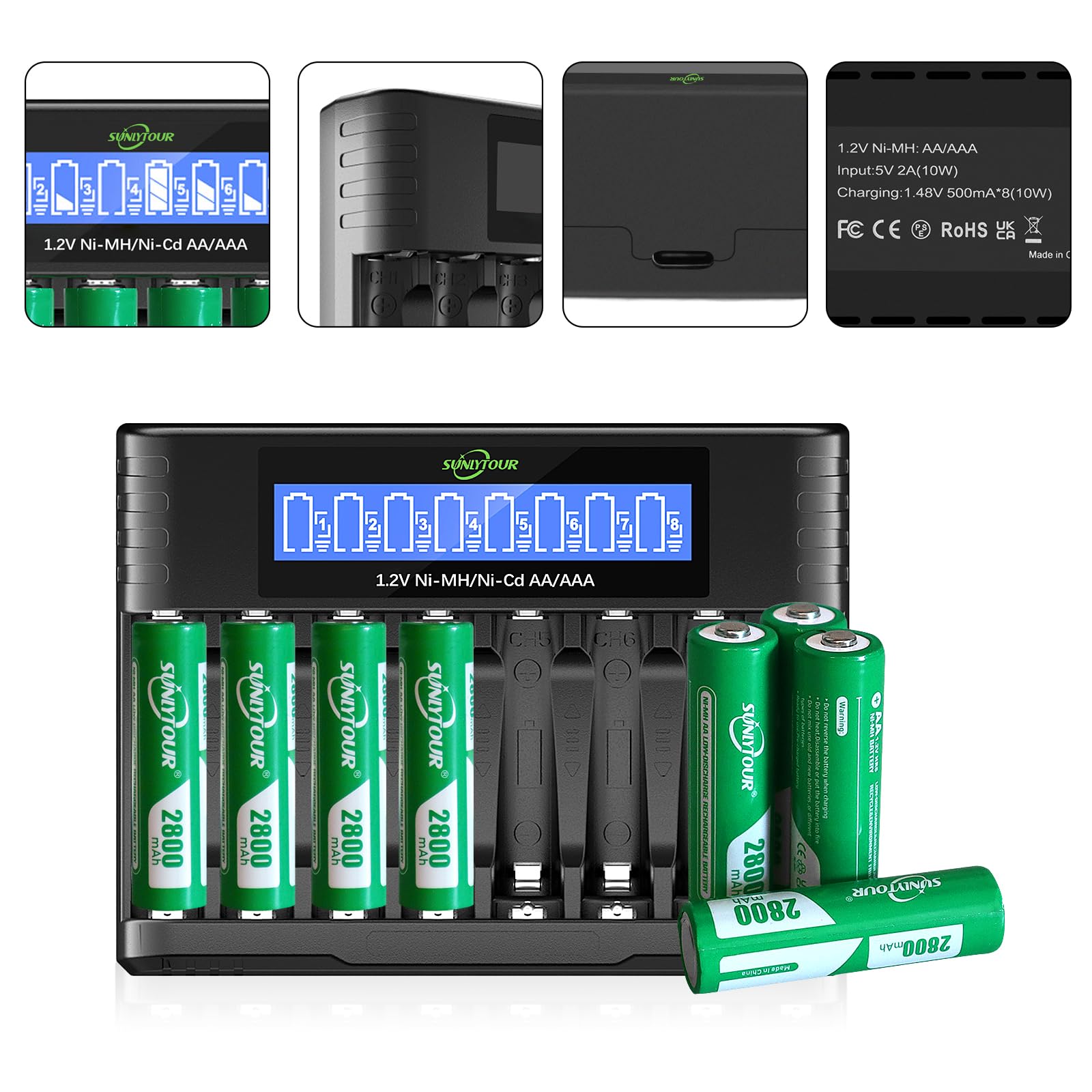 2800mAh Ni-MH AA Batterie avec Chargeur, SUNLYTOUR 8 Piles 2800mAh AA Ni-MH Batterie avec 8 Slots Chargeur de Batterie Jusqu'à 1200 Fois