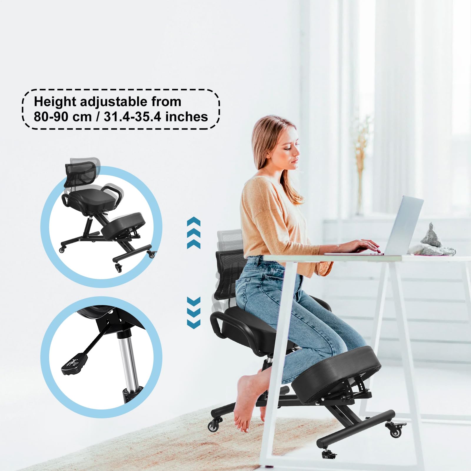 Chaise À Genoux, Chaise Ergonomique avec Support pour Les Genoux Et Le Dos, Chaises De Bureau Ergonomique, Inclinaison Réglable Entre Le Siège Et Les Genouxs, pour Le Bureau À Domicile, Less Études