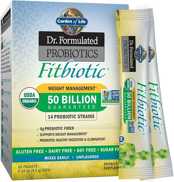 Garden of Life Dr. Formulated Probiotics Fitbiotic Weight Management Powder, 50 Billion CFU & Prebiotic Fiber, Organic & Non-GMO Digestive Gut Health Probiotic Supplement, 20 Single Serving 