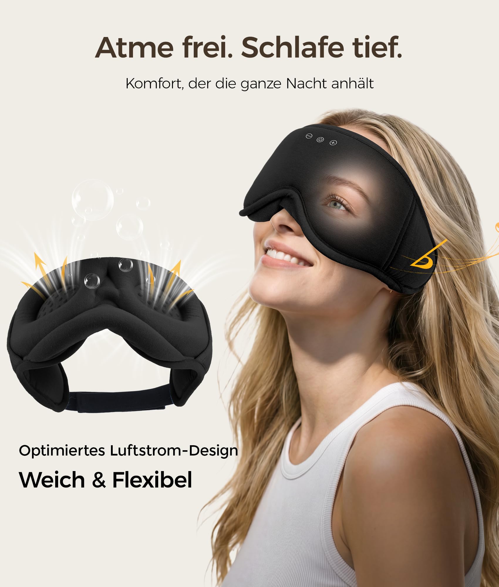 LOVE EYE Antifaz Bluetooth para dormir de lado, auriculares ultraplanos | Algodón de bambú de alta calidad, huecos profundos para los ojos 3D, sonido de alta calidad, lavable, transpirable