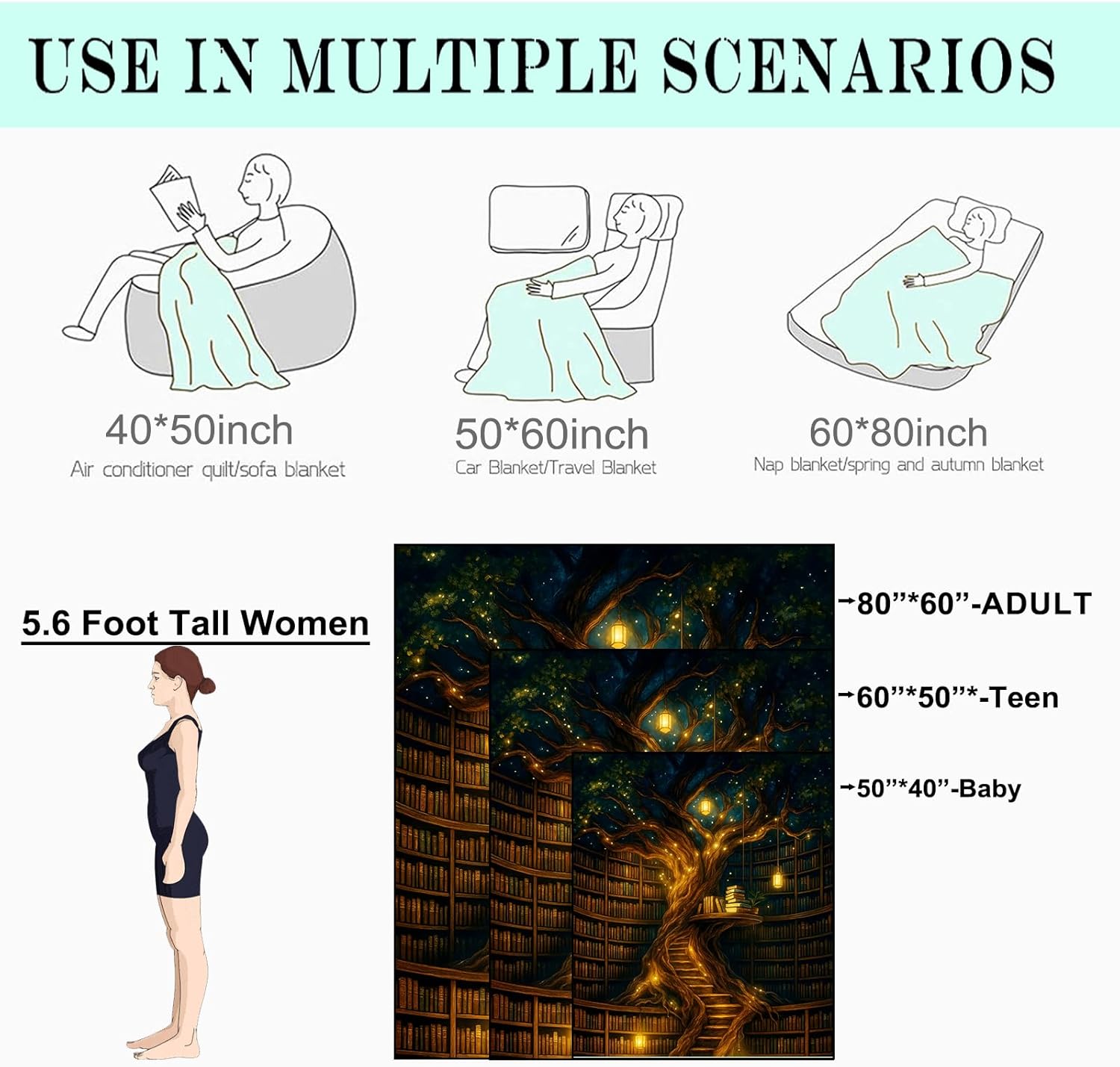 Fantasy Book Tree Fleece Blanket,50x60in,Magical Library with Glowing Lanterns and Staircase Throw Blankets,Soft Cozy Lightweight, Ideal for Bed Living Room Home Romantic Decor,Women Gifts - Image 3