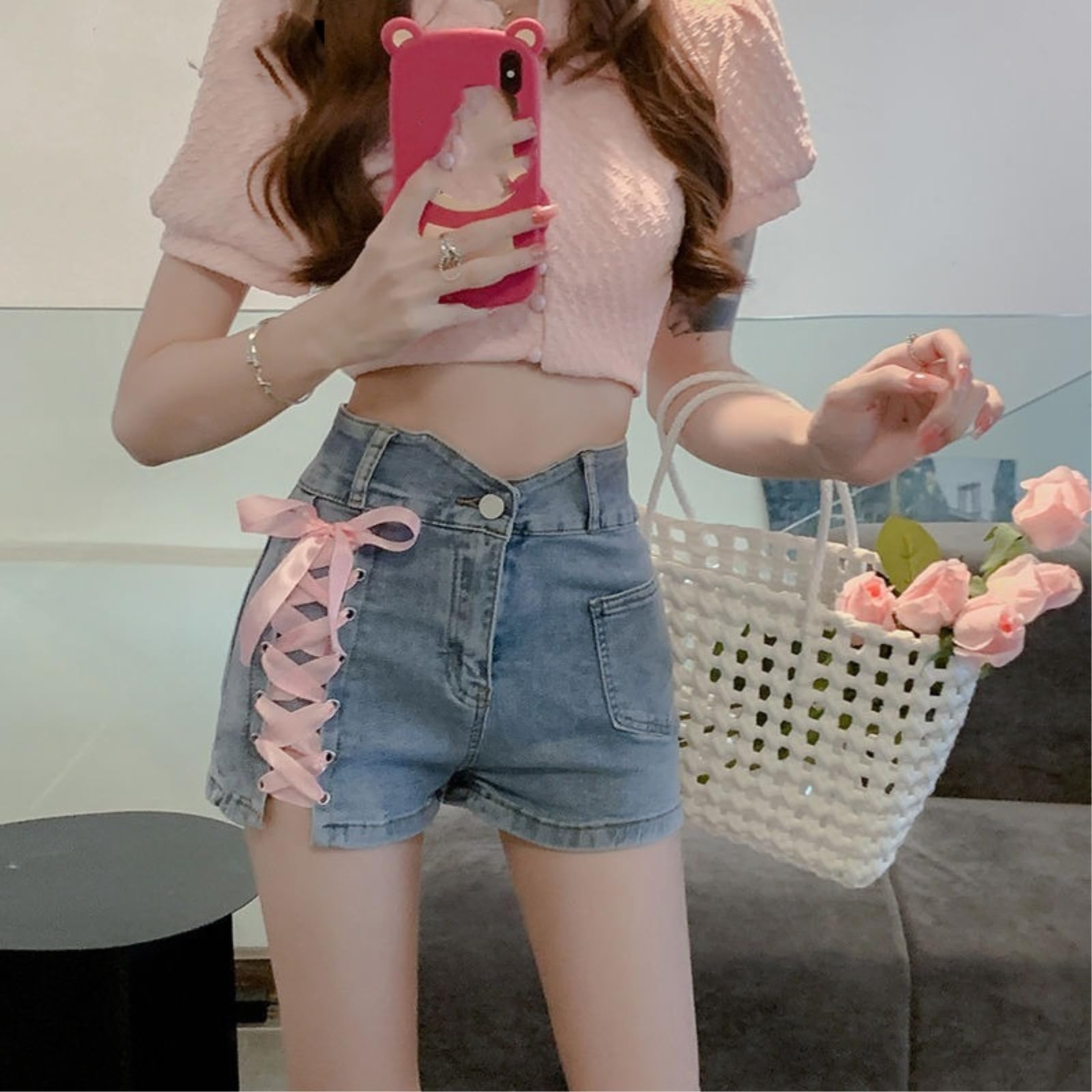 Shorts Jeans Donna Rosa Croce Denim Cravatta Pantaloni Decorativi Femminile Estate Alta Vita Sottile A-Line Abbigliamento Donna-Blue-s