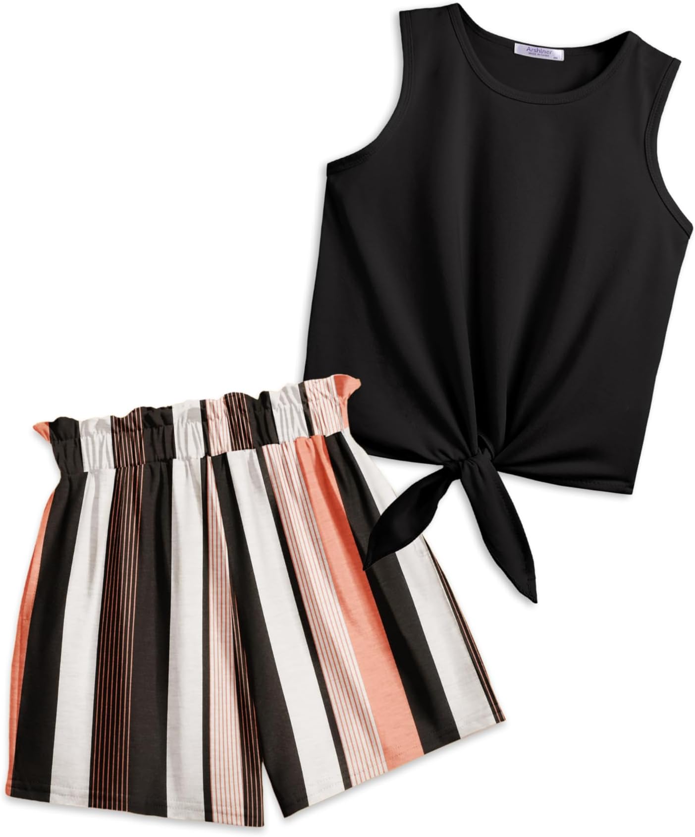 Arshiner Girl's 2 Piece Outfits Tie Knot Tank Top and Paperbag Waist Pocketed Summer Short Sets