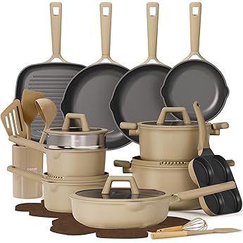 CAROTE Pots and Pans Set Non stick, Ceramic Cookware Set 14Pcs, Non-toxic Kitchen Cooking Set, PFAS and PFOA Free