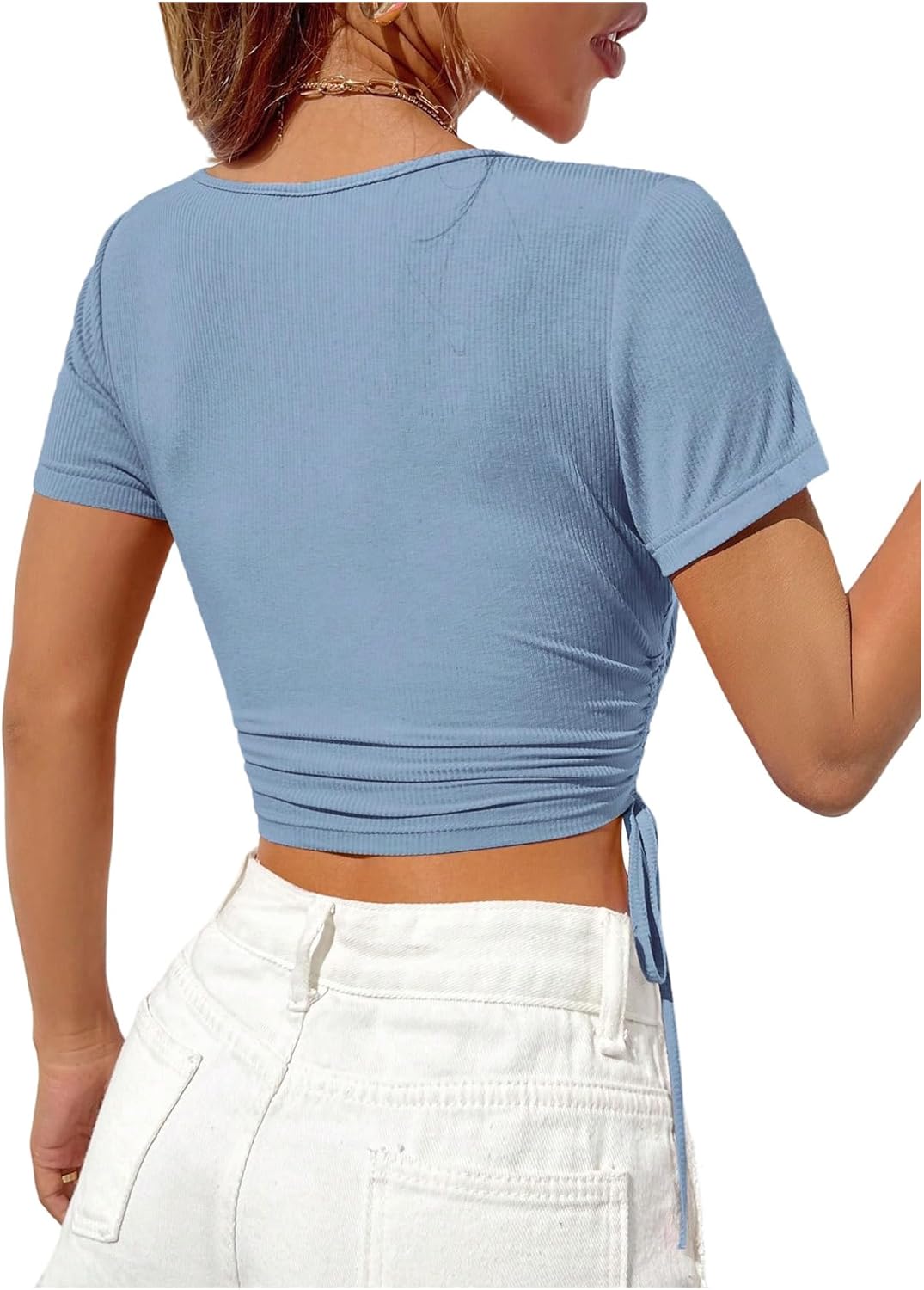 SweatyRocks Women's Ruched Crop Top Drawstring Side Wrap T-Shirt V Neck Short Sleeve T Shirt - Image 2