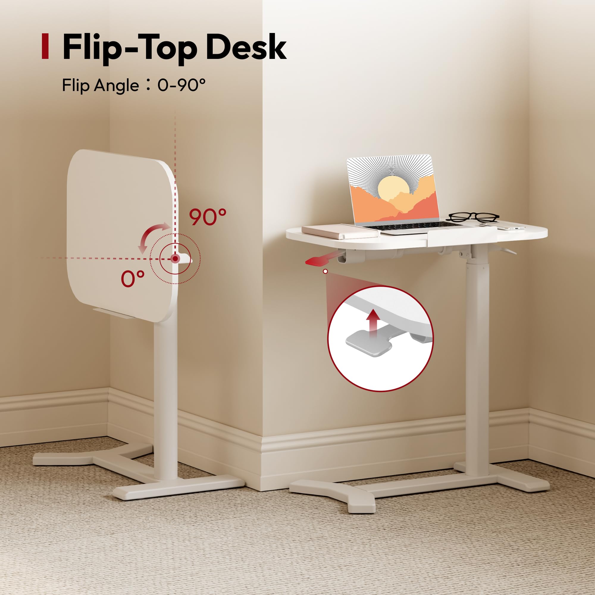 SANODESK Pneumatischer höhenverstellbarer Beistelltisch – 90° klappbare Tischplatte, flexibel als Sofa-, Bett- oder Balkontisch, 65–105 cm, platzsparend & vielseitig(weiß)