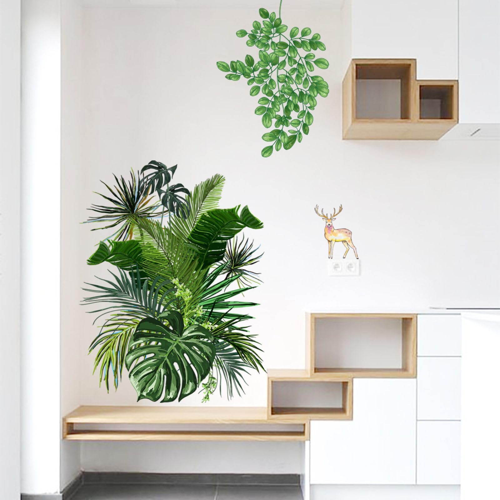 FUFUQUARE Large Tropical Palm Leaves Wall Stickers, Green Leaf Plants Deer Wall Decal