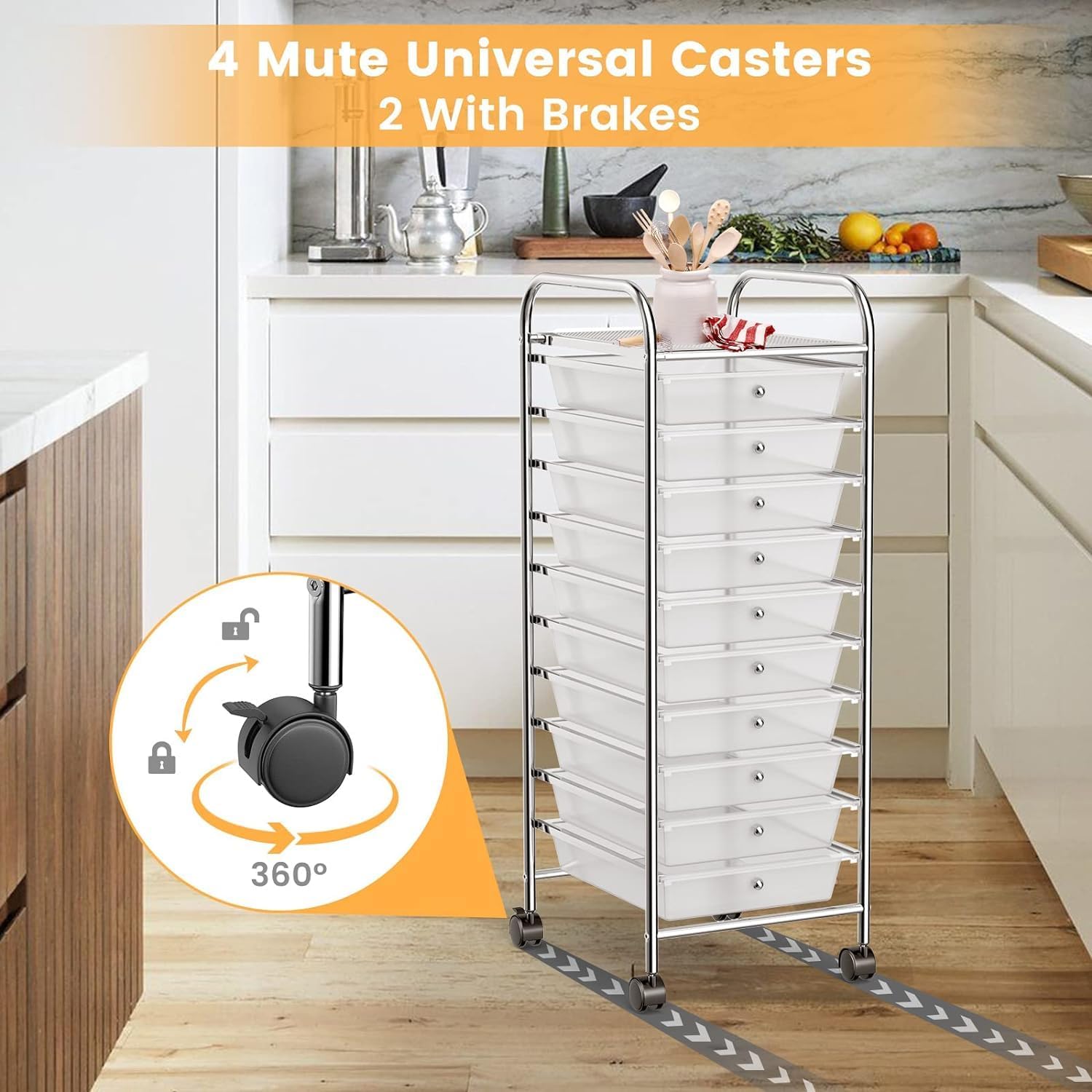 LDAILY 10-Drawer Rolling Storage Cart, Rolling Storage Cart, Storage Organizer on Wheels, Metal Frame, Scrapbook Paper Tools, Suitable for Office School, Classroom (Clear, 10 Drawer)