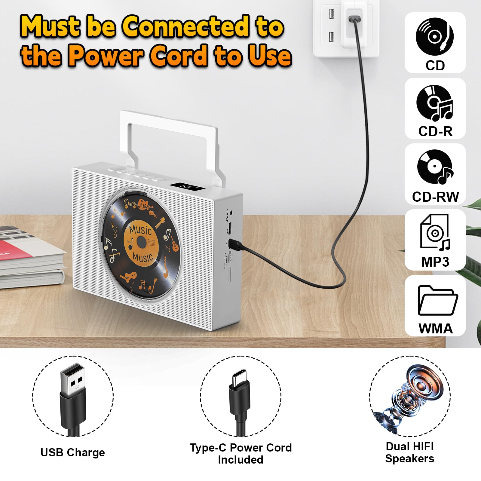 Lecteur CD Bluetooth Radio FM avec Poignée Haut-parleurs Télécommande AUX 3,5 mm Prise Casque USB Type-C Lecteur MP3