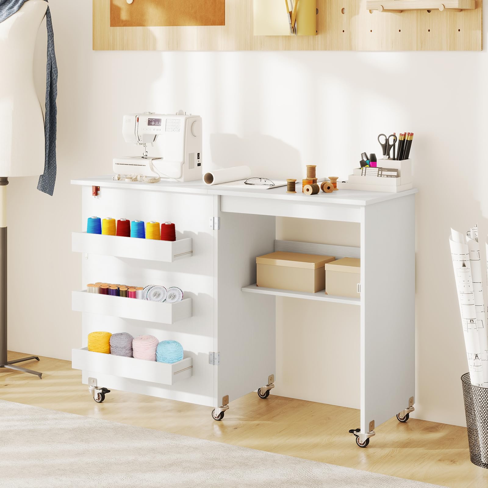 GIANTEX Armario de Costura Plegable 2 en 1 con 5 Ruedas, Mesa de Coser con 3 Compartimentos y 1 Estante Abierto, Aspecto de Vetas de Madera, para Dormitorio, Salón y Estudio (Blanco, 118,5x40x79,5cm)
