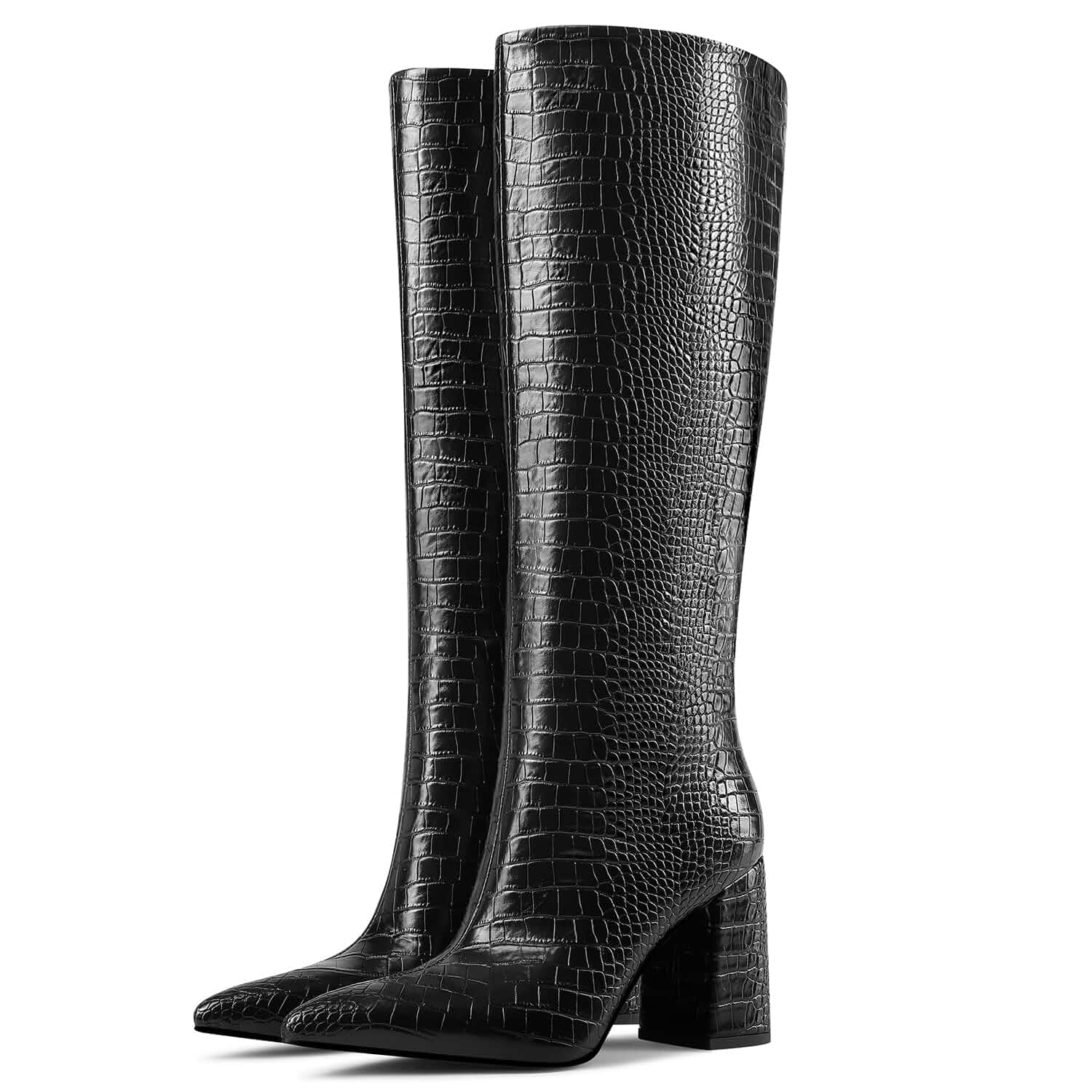 LOCERICH Knee High Boots Women Chunky Block Heel Pointed Toe Dress Tall Boots