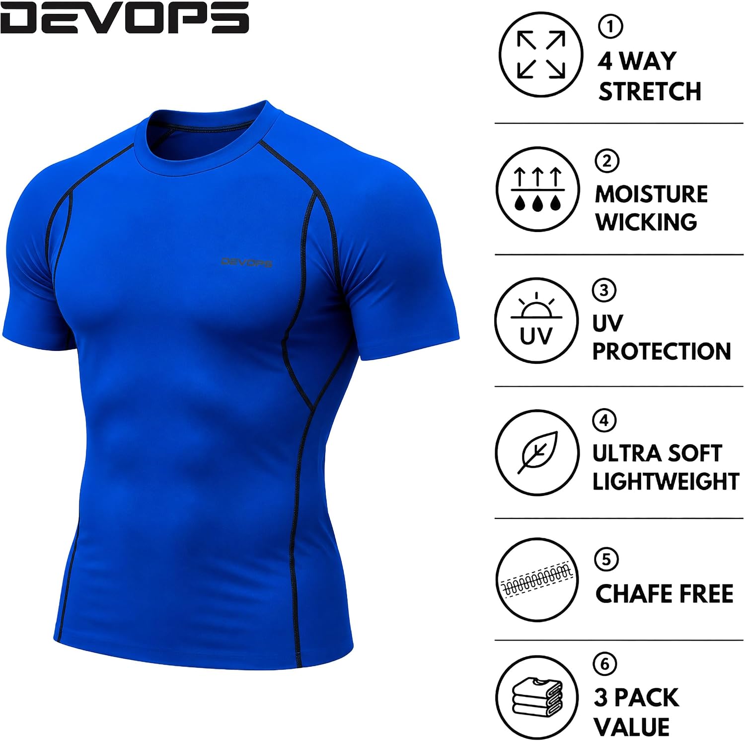 DEVOPS 3 Pack Men's Cool Dry Compression Baselayer Short Sleeve Shirts Top