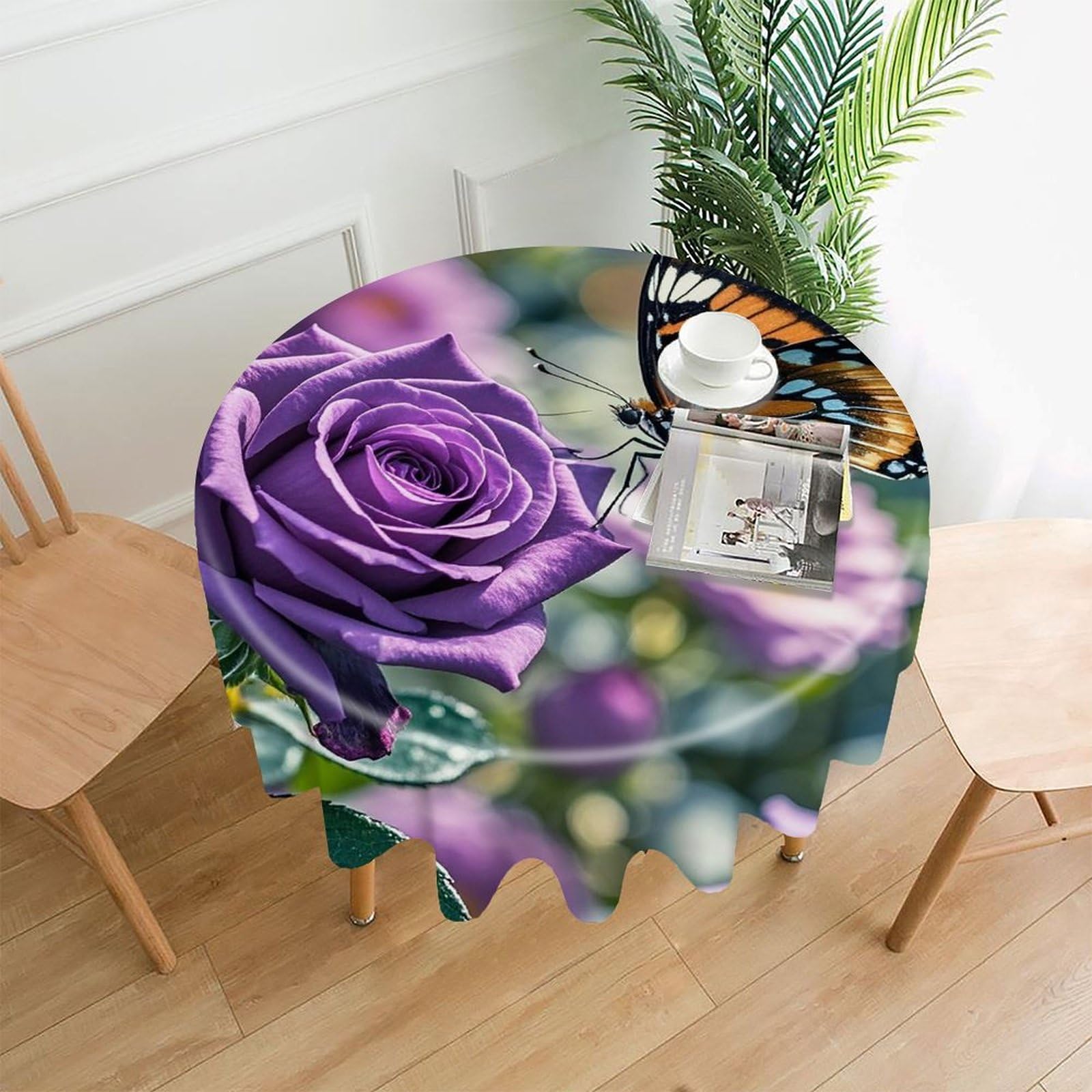VstaDank Purple Rose with Beautiful Butterfly Tablecloth Easy to Clean Polyester Round Table Cover Washable Round Table Cloth Wrinkle-Free Circle Decoration Tablecloth for Kitchen Dining Room 60"