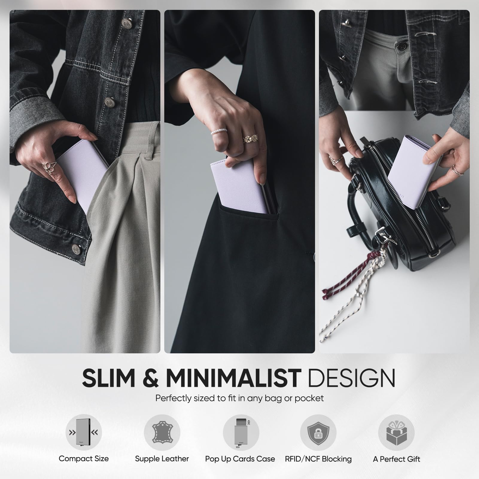 VULKIT Porta carte di credito da donna in pelle con blocco RFID, portafoglio da donna a due ante, automatico, con apertura a scomparsa e scomparto per banconote