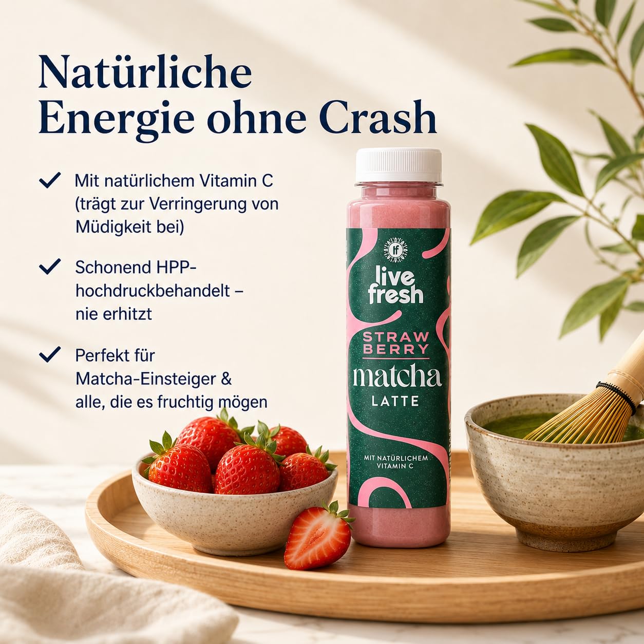 LiveFresh Matcha Latte Erdbeere – Fruchtiges Matcha Getränk mit Vitamin C – 6x250ml