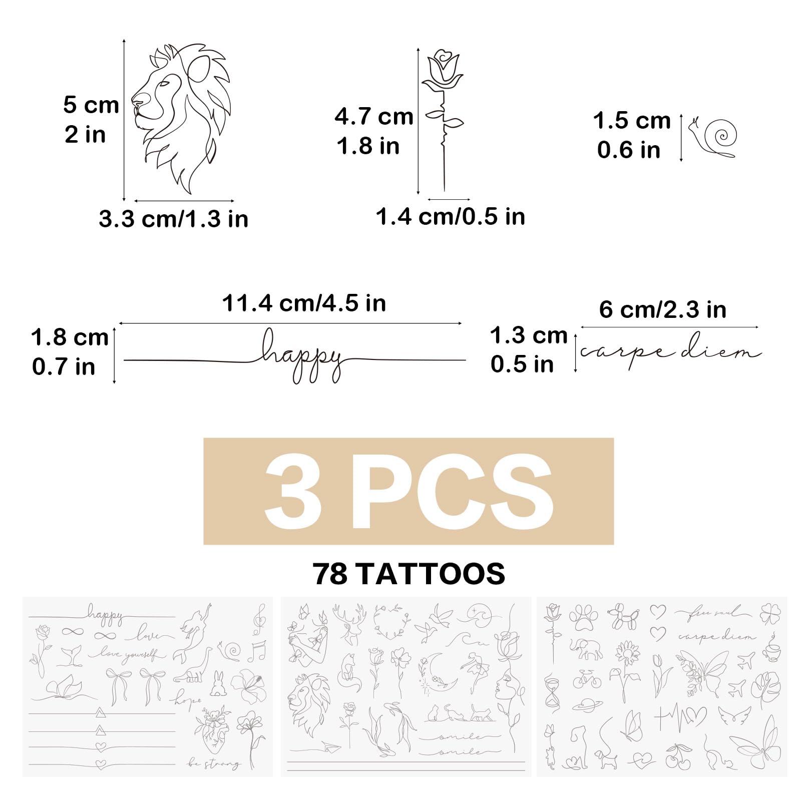 3 Bögen Temporäre Tattoos 2 Wochen Haltbar - Minimalistische Fake Tattoos mit One-Line-Art - Klebetattoos Erwachsene Langanhaltend - Fineline Tattoos zum Aufkleben für Männer & Frauen