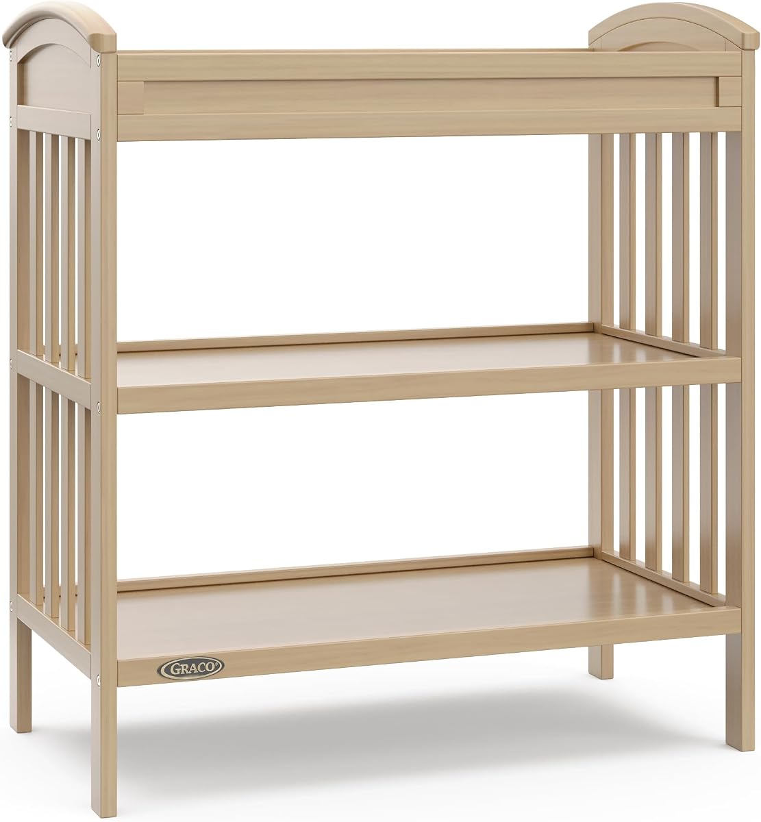 Graco Benton Changing Table with Water-Resistant Changing Pad, Driftwood | GREENGUARD Gold Certified, Includes Diaper Change Pad with Safety Strap, 2 Open Storage Shelves for Organizing