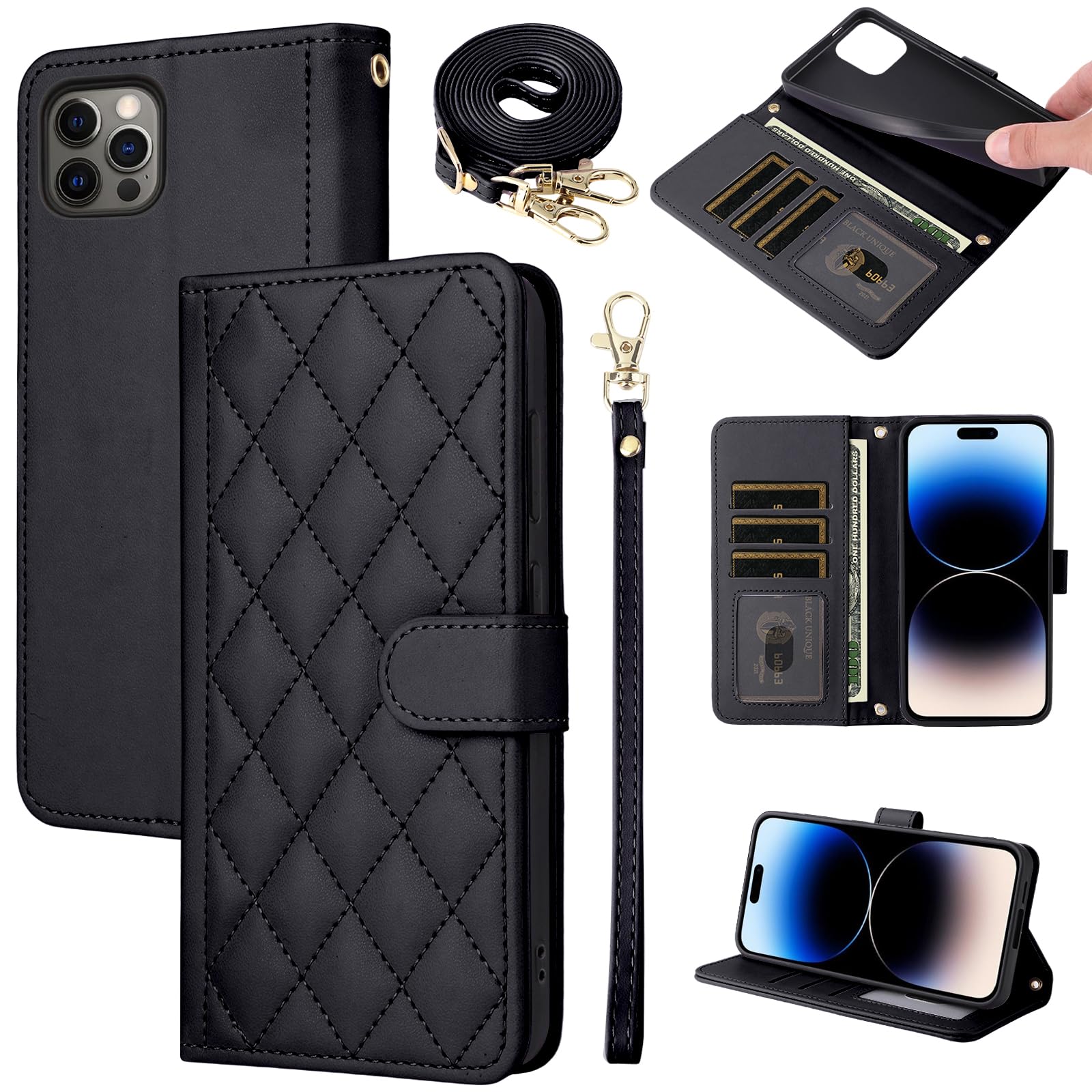 Furiet Wallet Case for iPhone 14 Pro Max 6.7 inch with Wrist Strap, Shoulder Strap, Card Slots Folio Purse, PU Leather Stand Phone Cover for