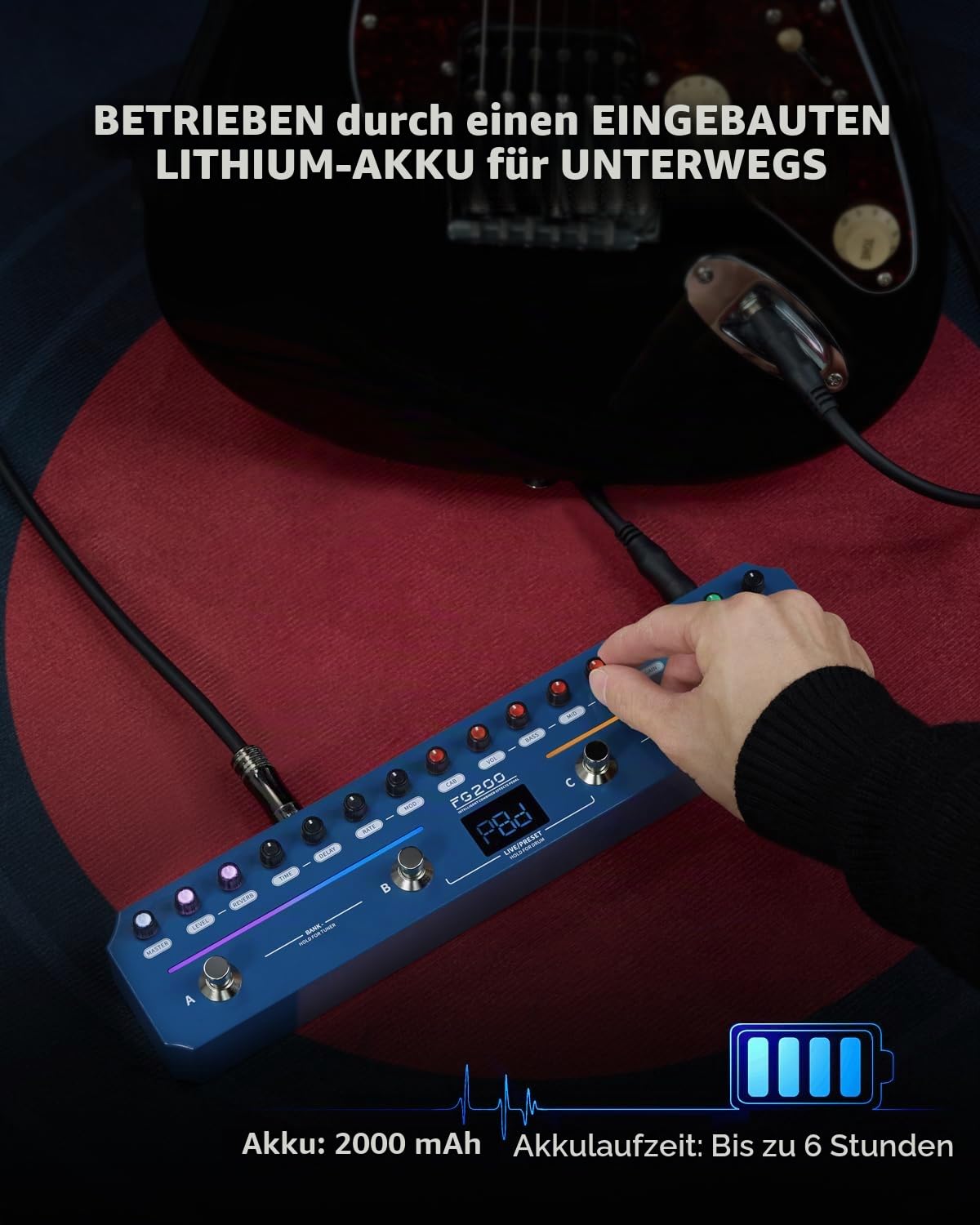 FLAMMA FG200 Intelligentes Gitarrenpedal mit 52 Ampere-Modelle, 5 Boost-Modelle, 16 CAB-Simulationen, 7 Effektmodule, 9 IR-Steckplätze, 40 Voreinstellungen, 40 Rhythmus-Stile