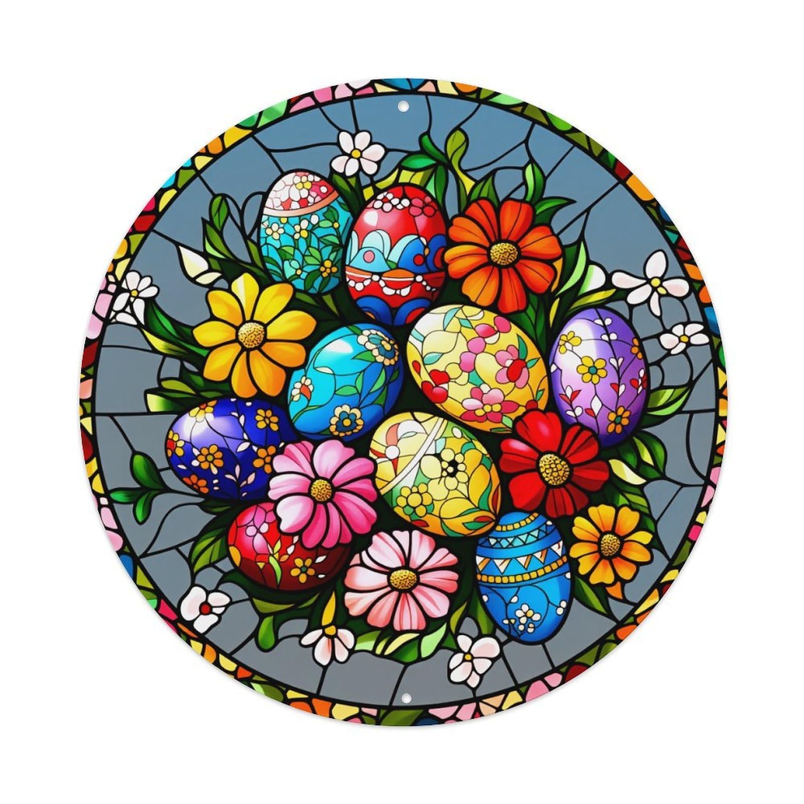 Colorful Easter Eggs Flowers Pattern Round Tin Sign Vintage Metal Poster Retro Bar, Home, Man Cave, Kitchen, Laundry Room Wall Art Decor Gift 8x8Inch