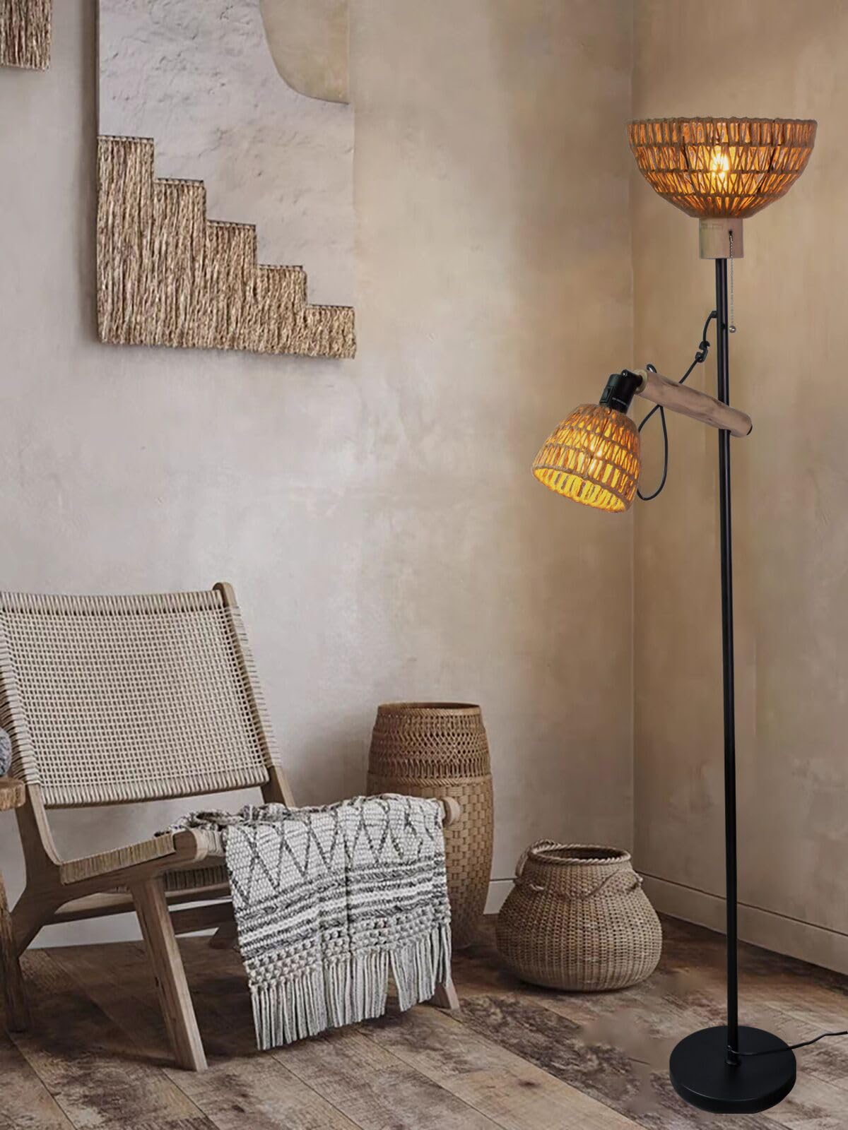 Stehlampe-2 schirm Wohnzimmer,Boho Rattan Stehlampen im Industrial Design mit Metall und Holz,Schalter,Höhe:163cm,Ohne Glühbirnen
