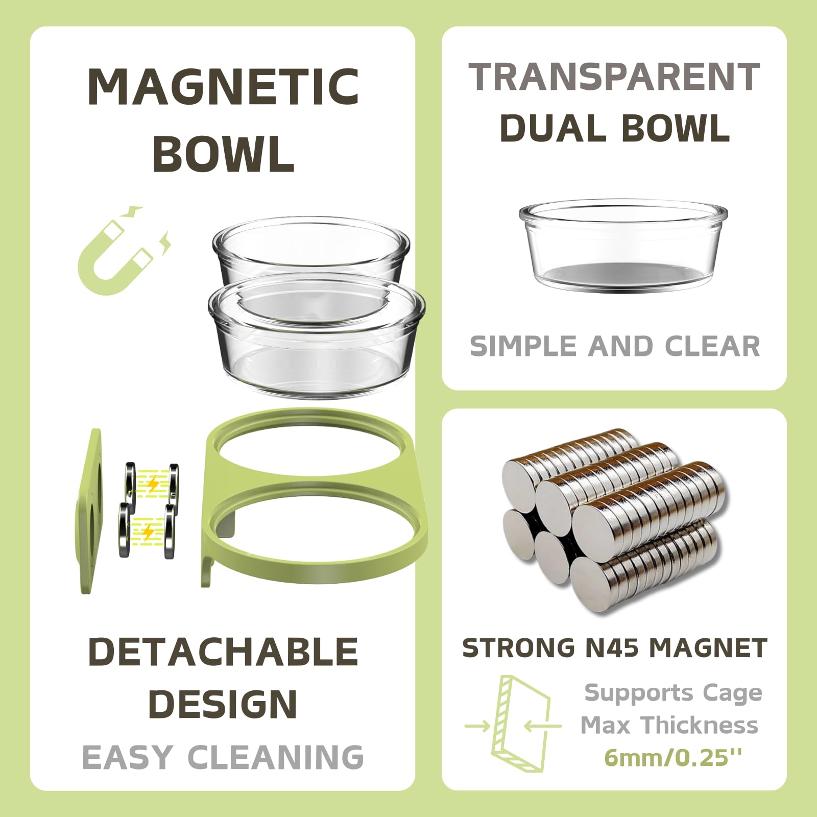 Set d'alimentation Magnétique pour Rongeurs avec Bouteille d'eau & Bol pour Terrariums en Verre Hamster Doré Octodon (Vert, Fixation magnétique)