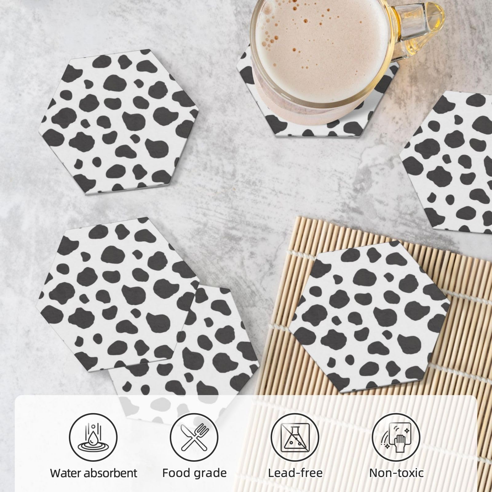 Set di 6 sottobicchieri in ceramica con stampa di mucca, accessori eleganti per la cucina e la casa