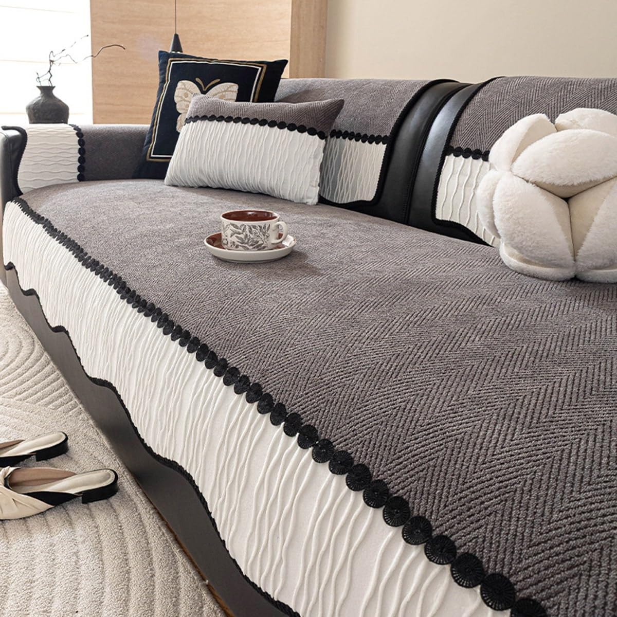 ZGWRYI Soft Chenille Sofa Couch Cover Striped Weave Textured, Sectional Couch Covers Washable Anti-Slip Sofa Slipcover for Dogs Pet,Suitable for all seasons(Light gray,110x210cm)