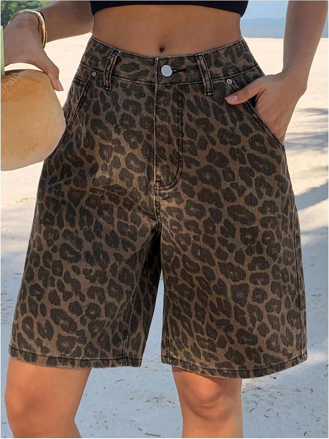 OYOANGLE Girl's Y2k Leopard Print Denim Shorts Straight Leg Casual Bermuda Jean Shorts Streetwear