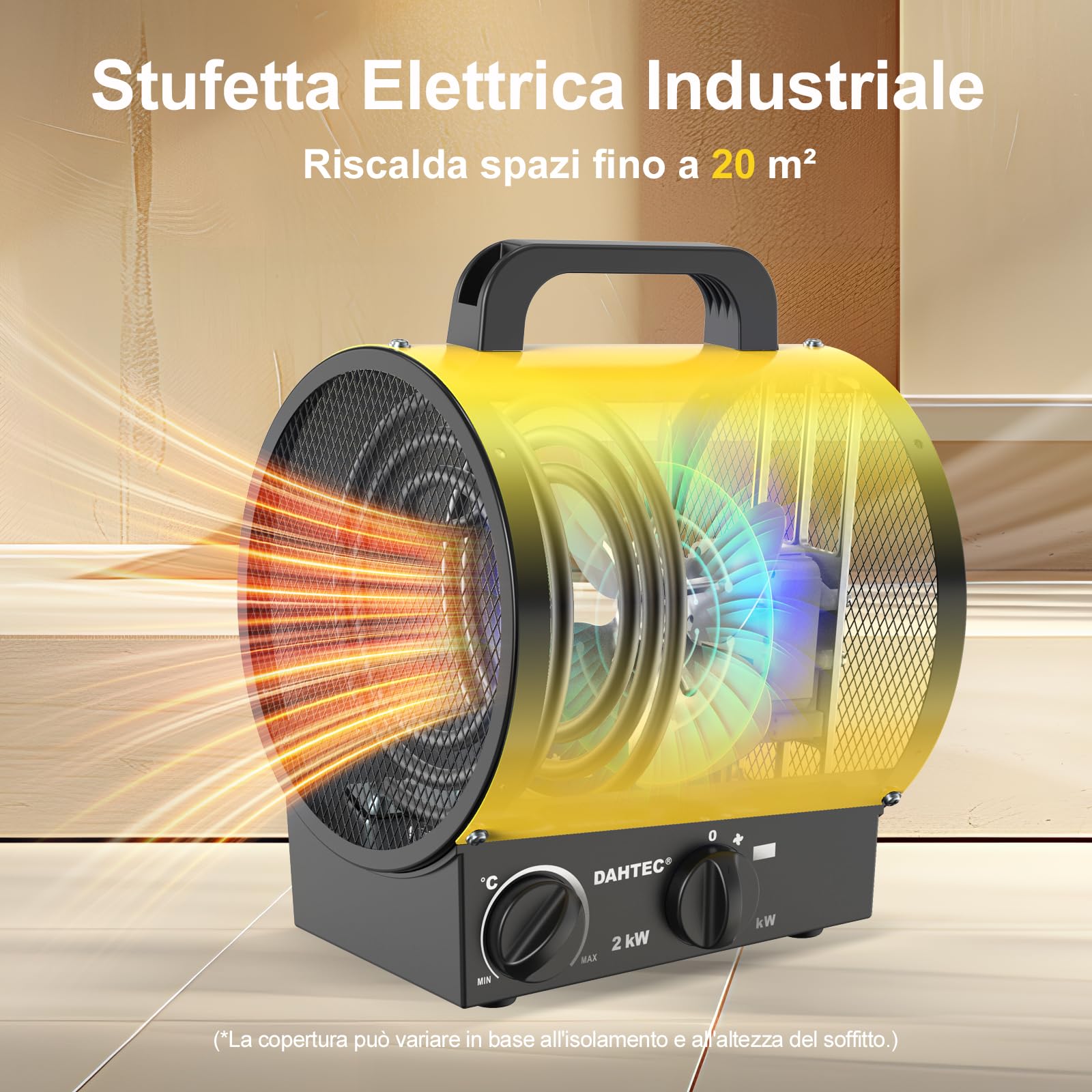 2000 W Termoventilatore Industriale Stufetta Elettrica Portatile | Riscaldatore Elettrico con Termostato & Ventilazione, Protezione da Surriscaldamento - Officina e Garage (Giallo)