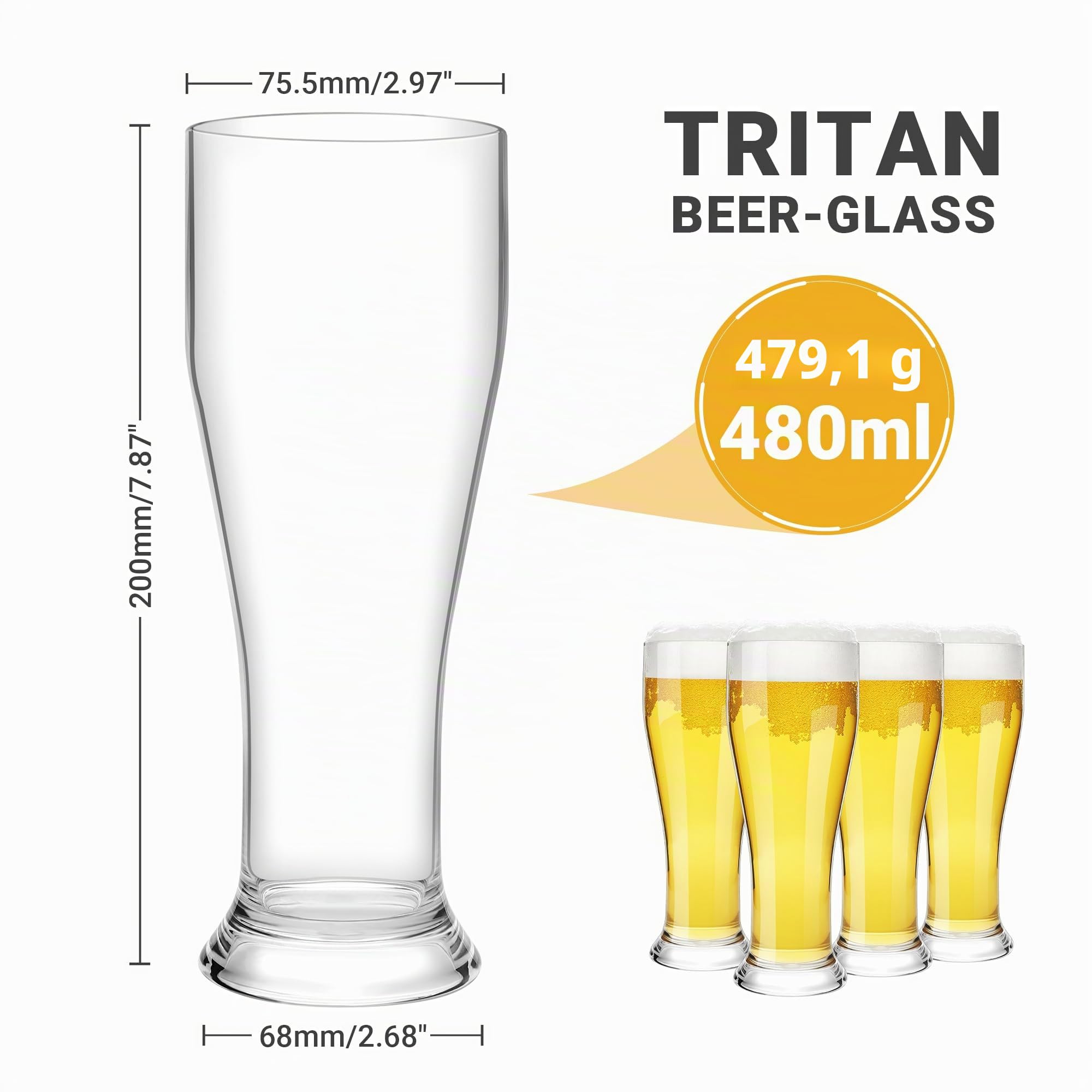 HAHASHOW Unzerbrechlich Biergläser, 480ml Tritan-Kunststoff Weizenbiergläser, Bierglas fur Camping Party, Wasserbecher 4er Set