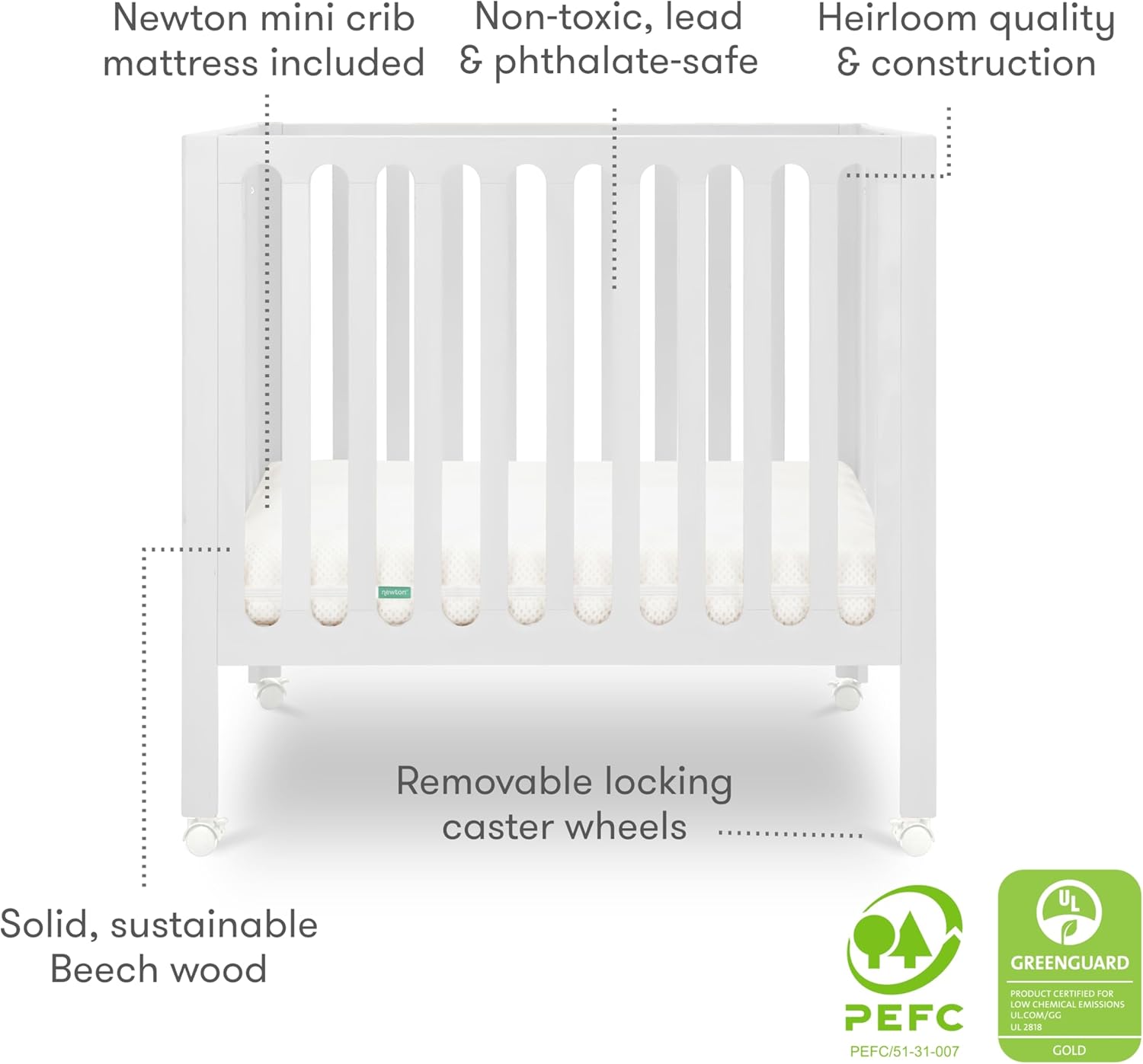 Newton Baby Galileo Mini Crib Solid Beech Wood with Wheels in White Color, Adjustable Mattress Height, Ultra-Safe Non-Toxic Finish, Mini Crib Mattress Included