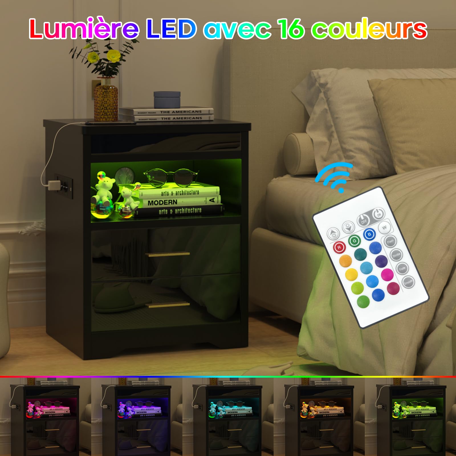 Comodino con presa e illuminazione a LED, comodino con serratura di sicurezza e mobile scorrevole nascosto con 2 cassetti, per soggiorno, camera da letto, nero