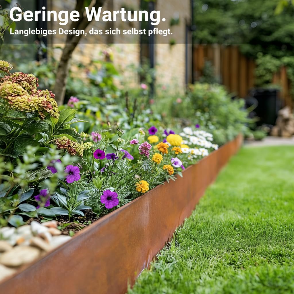novaterra® Rasenkante mit Spikes Cortenstahl Rostoptik - 10er Set | 10m Länge, 15cm Höhe, 1,6mm Stärke, Einsteckbare Metall-Beeteinfassung mit extra stabilen Spikes