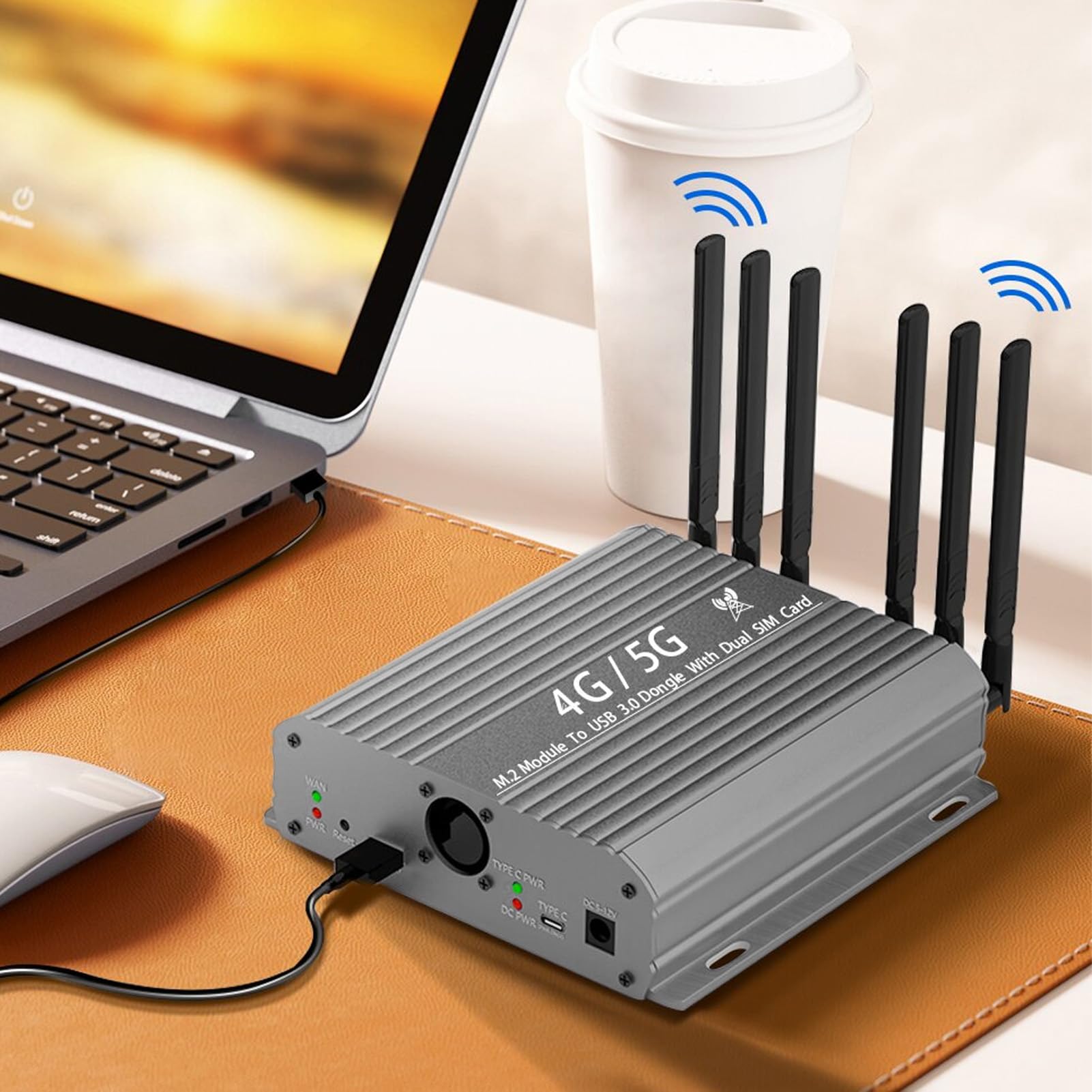 4G/5G-Modul auf USB 3.0-Adapter, NGFF M.2 auf USB 3.0-Dongle mit Dual-SIM-Kartensteckplatz, Dual-Lüfter, High-Gain-Antenne, Hilfsstromversorgung, Unterstützt 3042/3052 M.2 Key