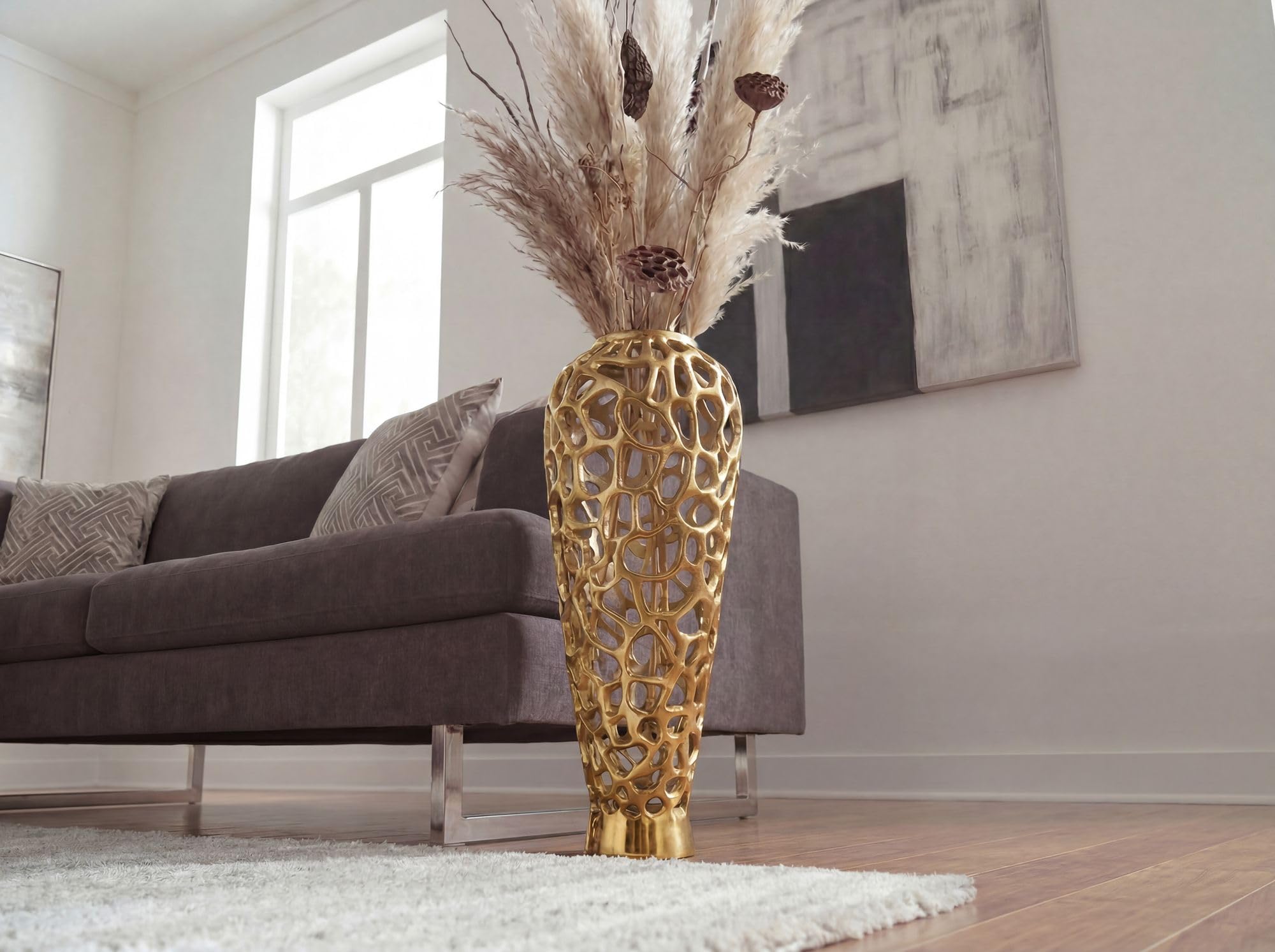 WOHNLING Bodenvase Aluminium 85cm Gold - Design Blumenvase Groß - Metallvase Modern - Dekovase rund für Trockenblumen - XXL Standvase Hoch - Wohnzimmer Deko - Wohndeko Handmade