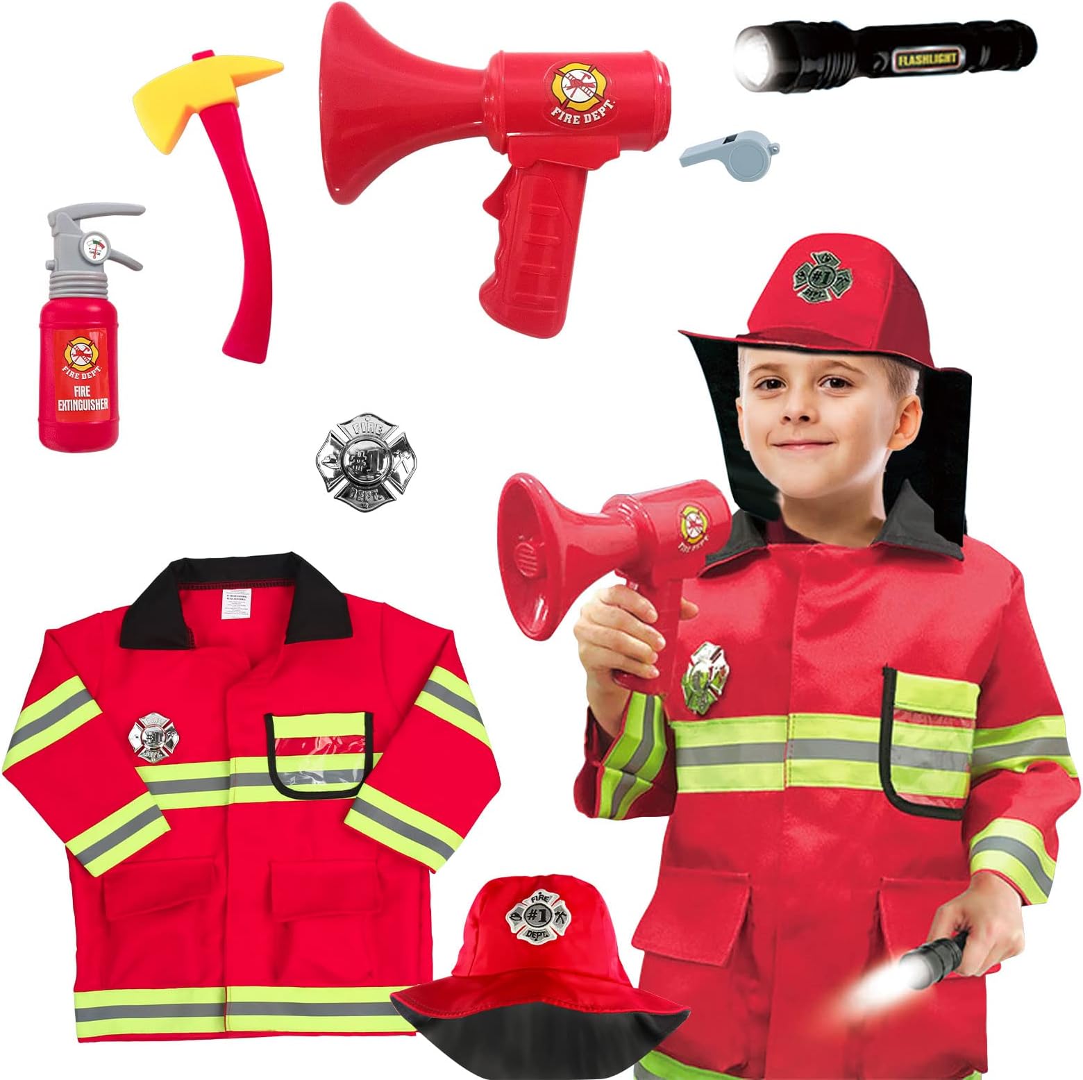 M MUNCASO Fireman Costume for Kids Firefighter Role Play Dress Up Pretend Accessories Set Water Shooting Extinguisher Fireman Toys Fancy Cosplay for Toddlers Boys Girls