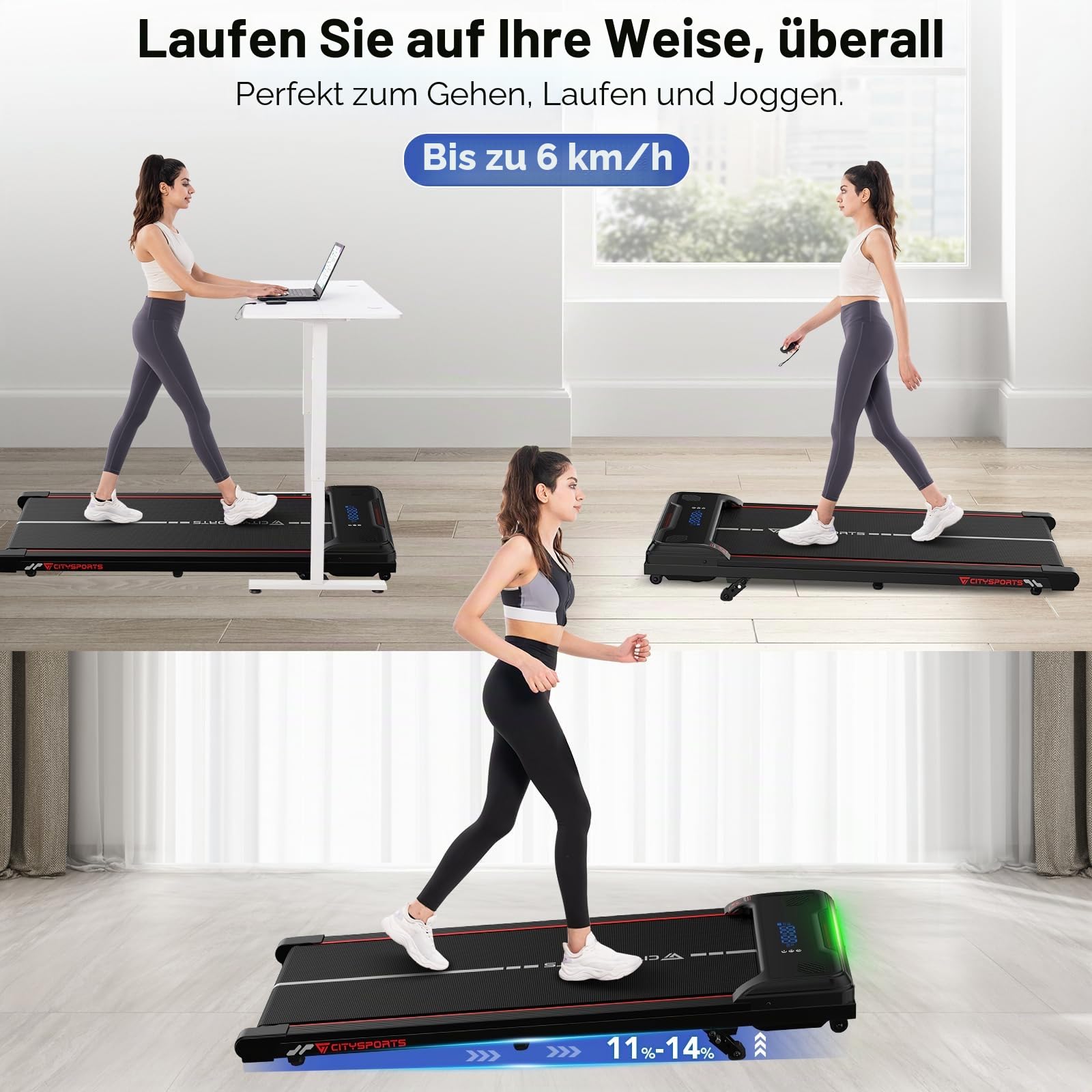 CITYSPORTS Laufband mit Steigung,Walking Pad mit 11 %–14 % Neigung,LED-Anzeige & Lichteffekt,1–6 km/h,Laufband für Zuhause Büro mit Fernbedienung