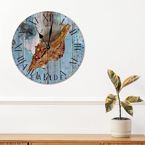 Miniatura 40 de ArogGeld Reloj de pared de PVC de mediados de siglo, concha, números de playa, estilo océano con números romanos de 10 pulgadas, funciona