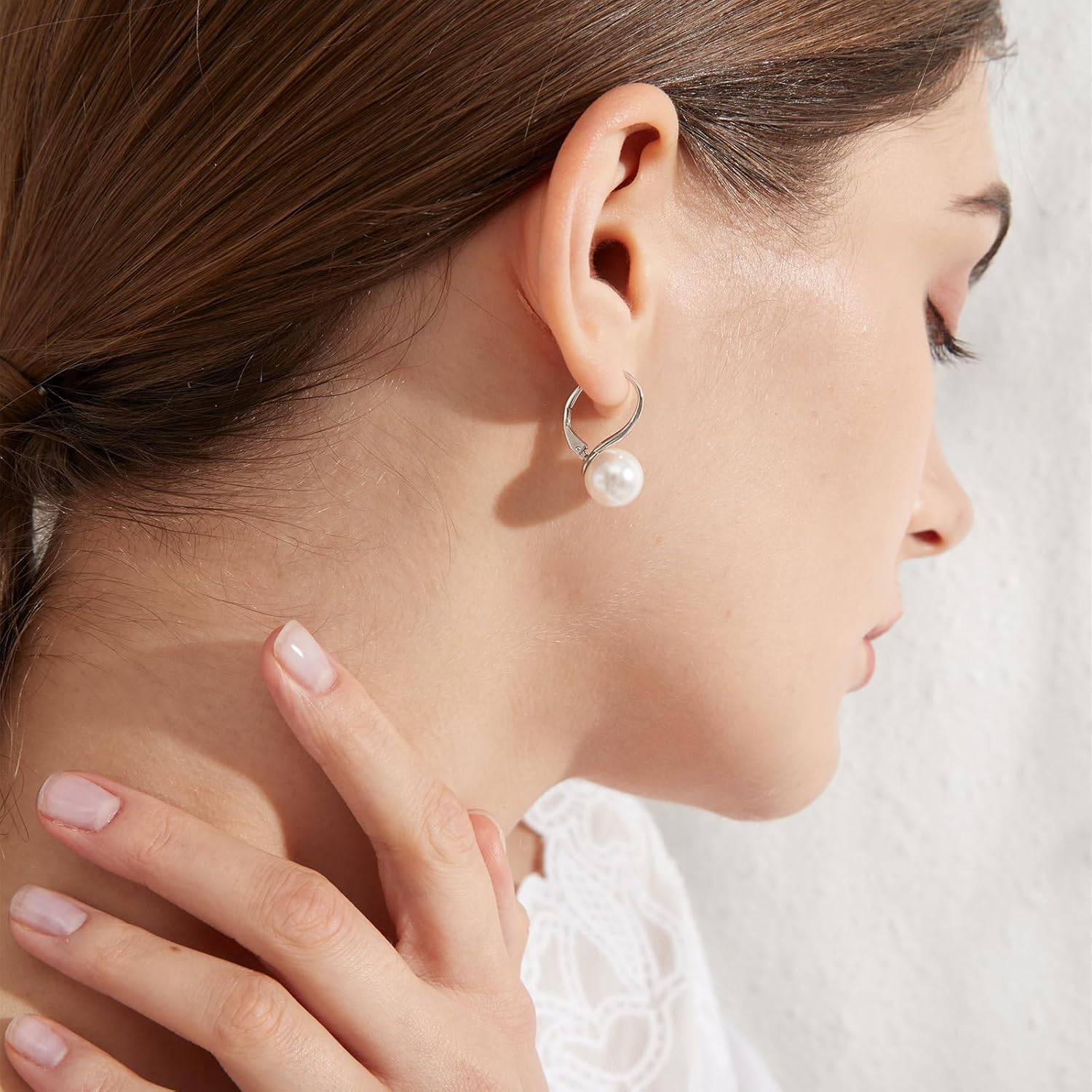 925 Sterling Silver Pearl Leverback Earrings for Women, Platinum-Plated Pearl Dangle Drop Earrings Simulated White Pearl 10MM - Image 5
