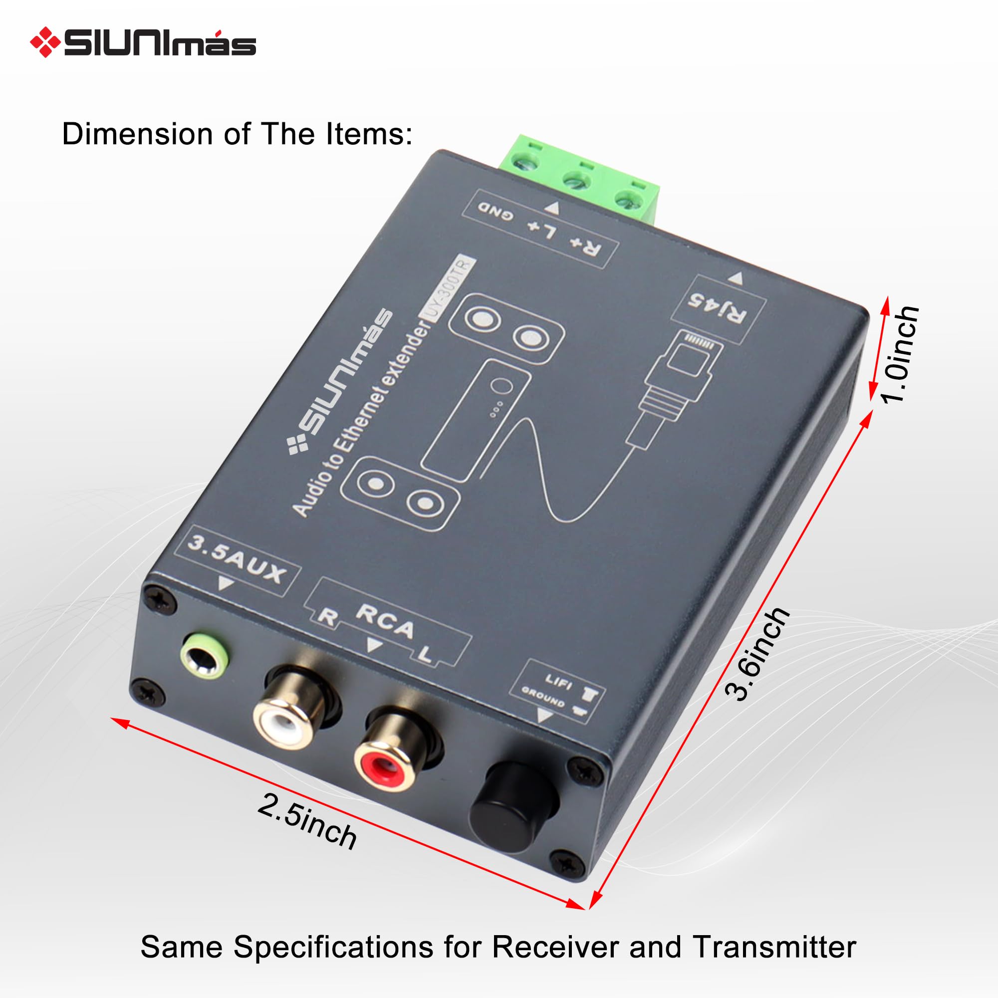 Un paio di connettori di rete RJ45 a RCA AUX stereo a lunga distanza in lega di alluminio resistente con isolatori audio integrati, supporto GND Lift collegamento su Cat5/Cat6, ecc