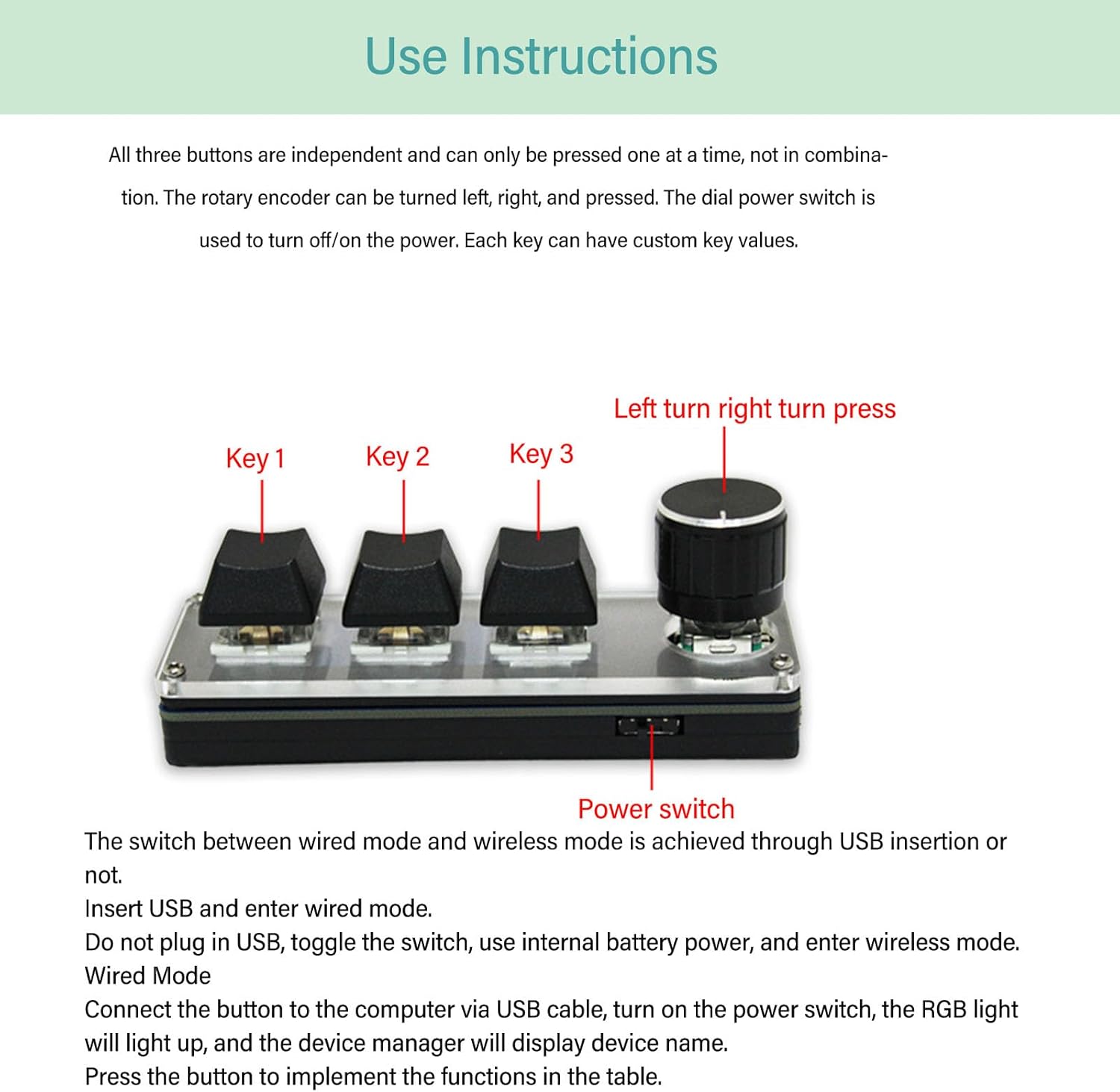 Diagram showing the three keys and rotary knob of the Fockety Mini Keyboard with labels for Key 1, Key 2, Key 3, and the rotary knob's left turn, right turn, and press functions.