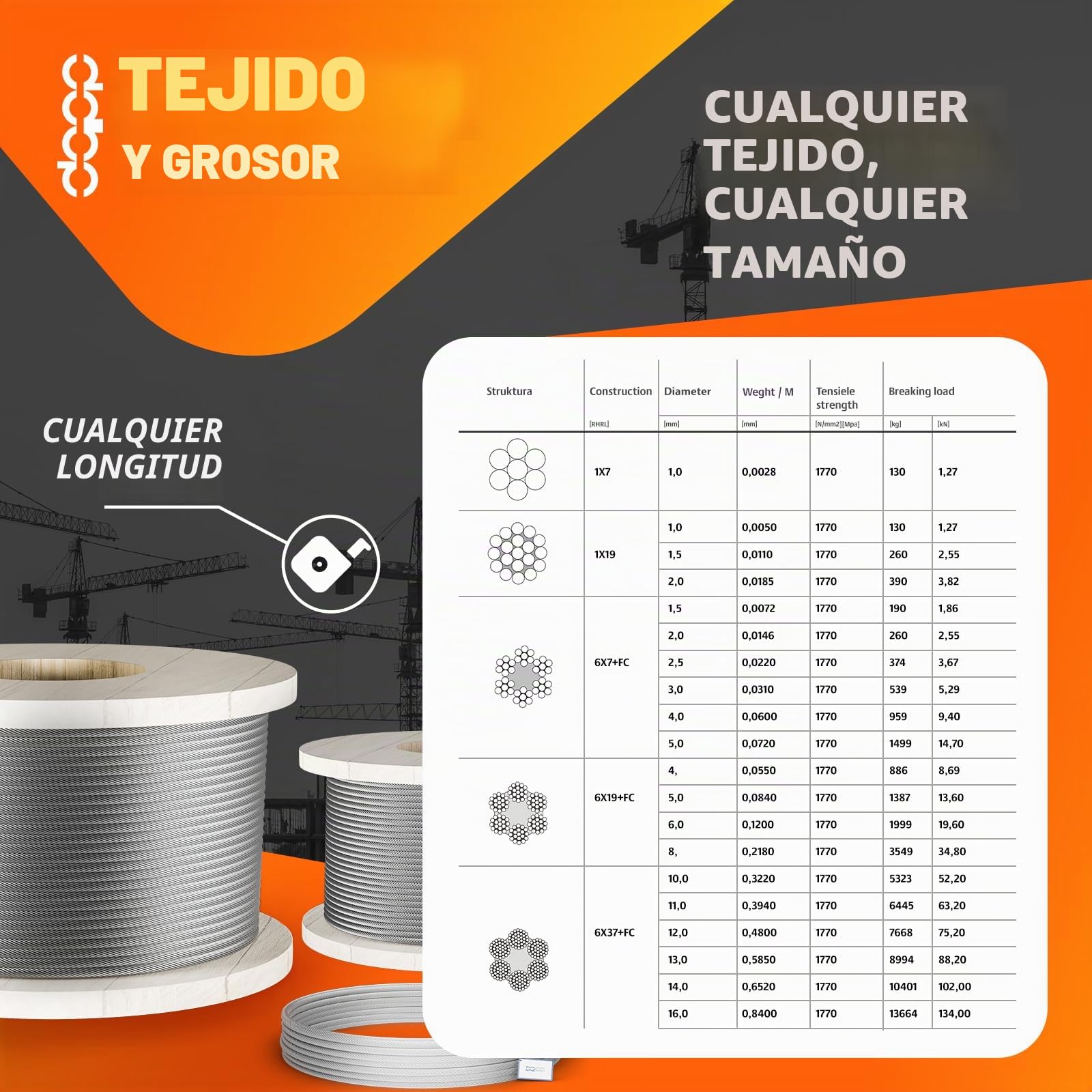 COJUNTO 30m cuerda de alambre galvanizado 6mm hebra: 6x19 + 6 abrazaderas + 2 tensores ojetes/gancho